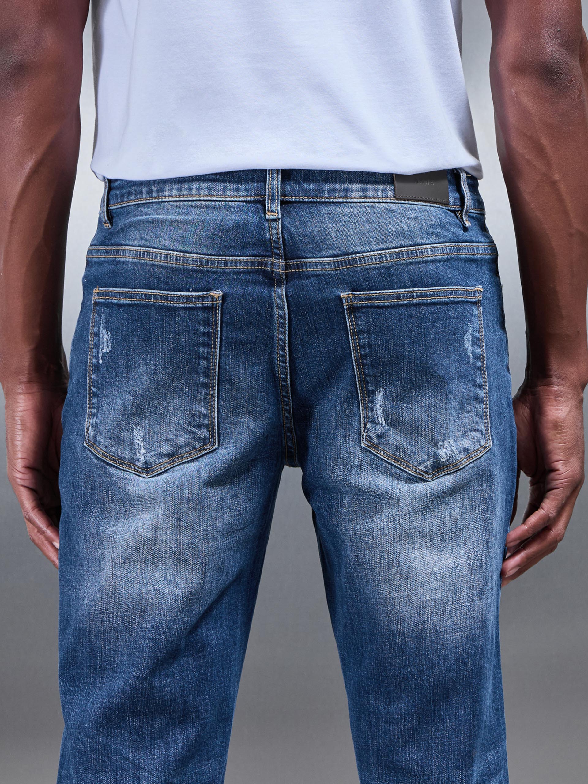 Distressed Straight Leg Denim Jeans in Mid Blue - Image 5
