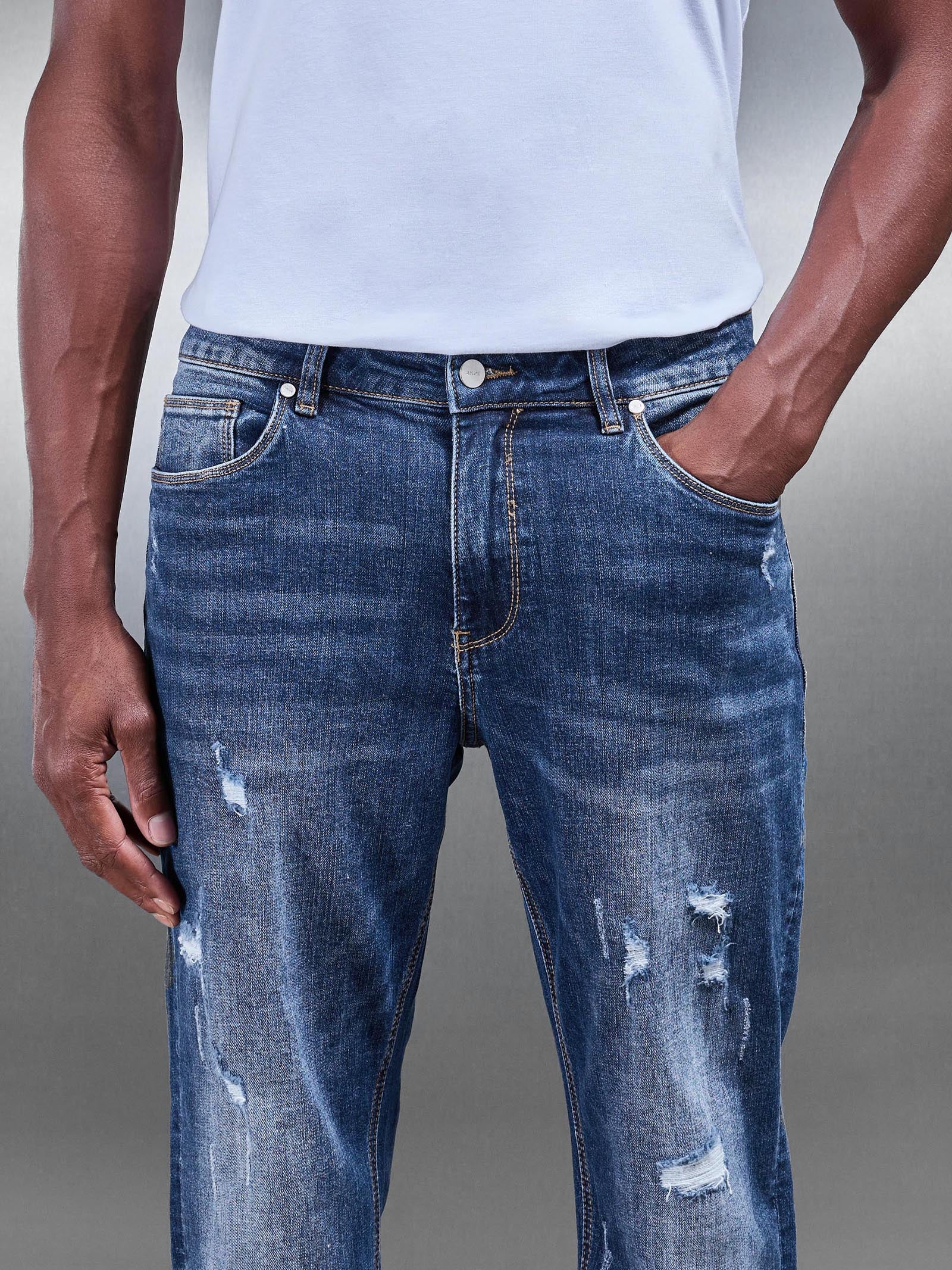 Distressed Straight Leg Denim Jeans in Mid Blue - Image 6