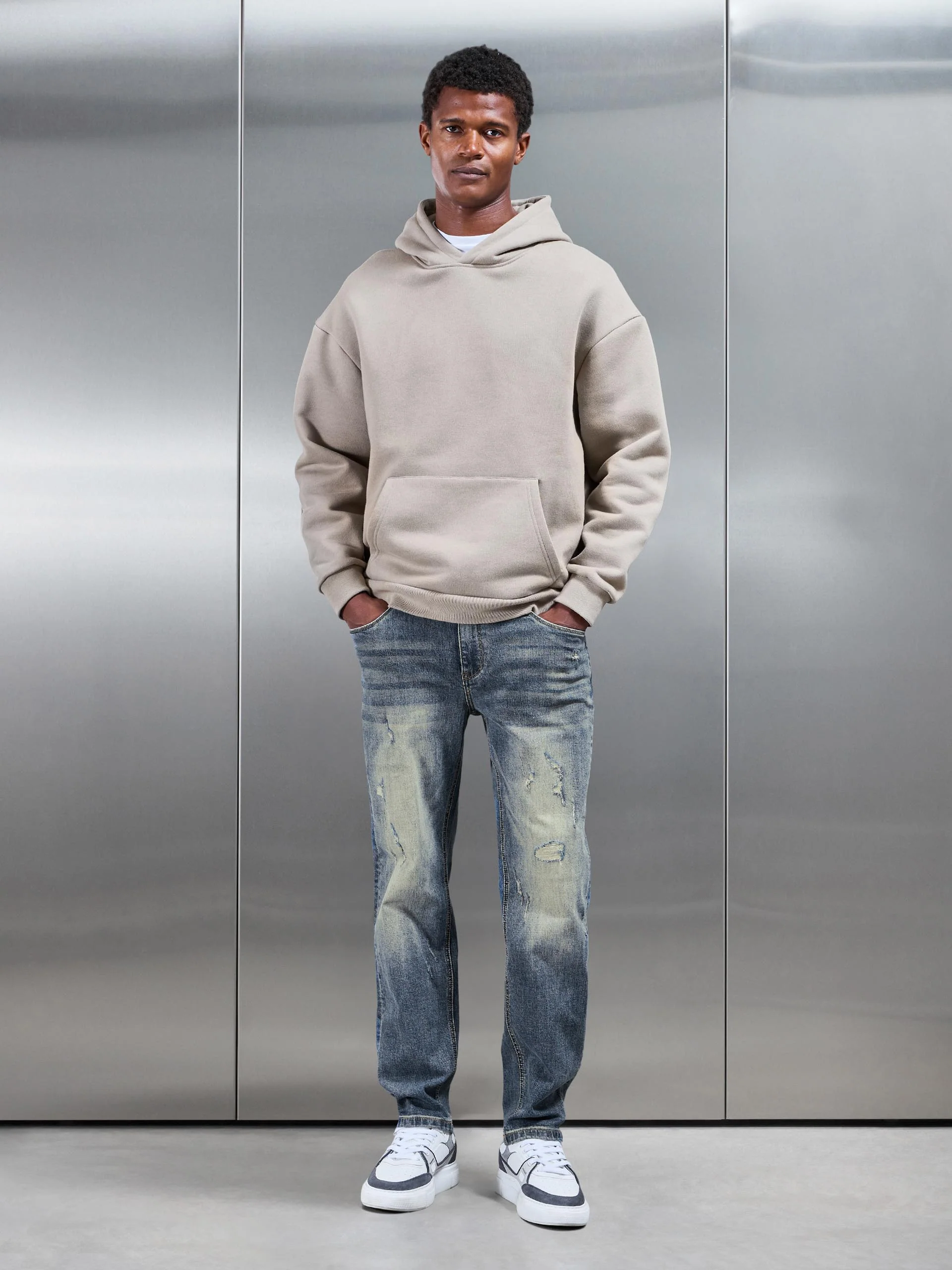 Distressed Straight Leg Denim Jeans in Sand Wash - Image 2