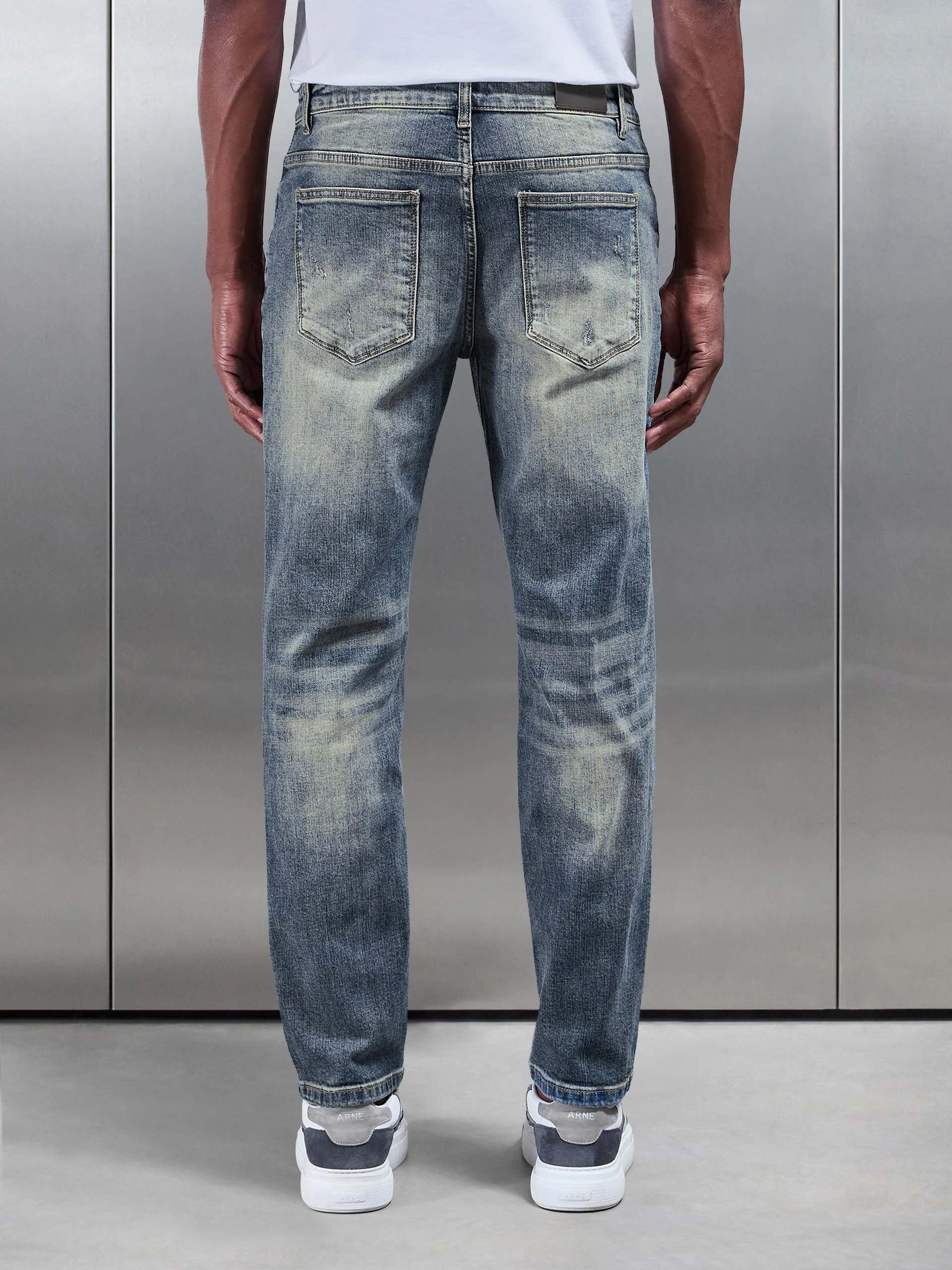 Distressed Straight Leg Denim Jeans in Sand Wash - Image 3