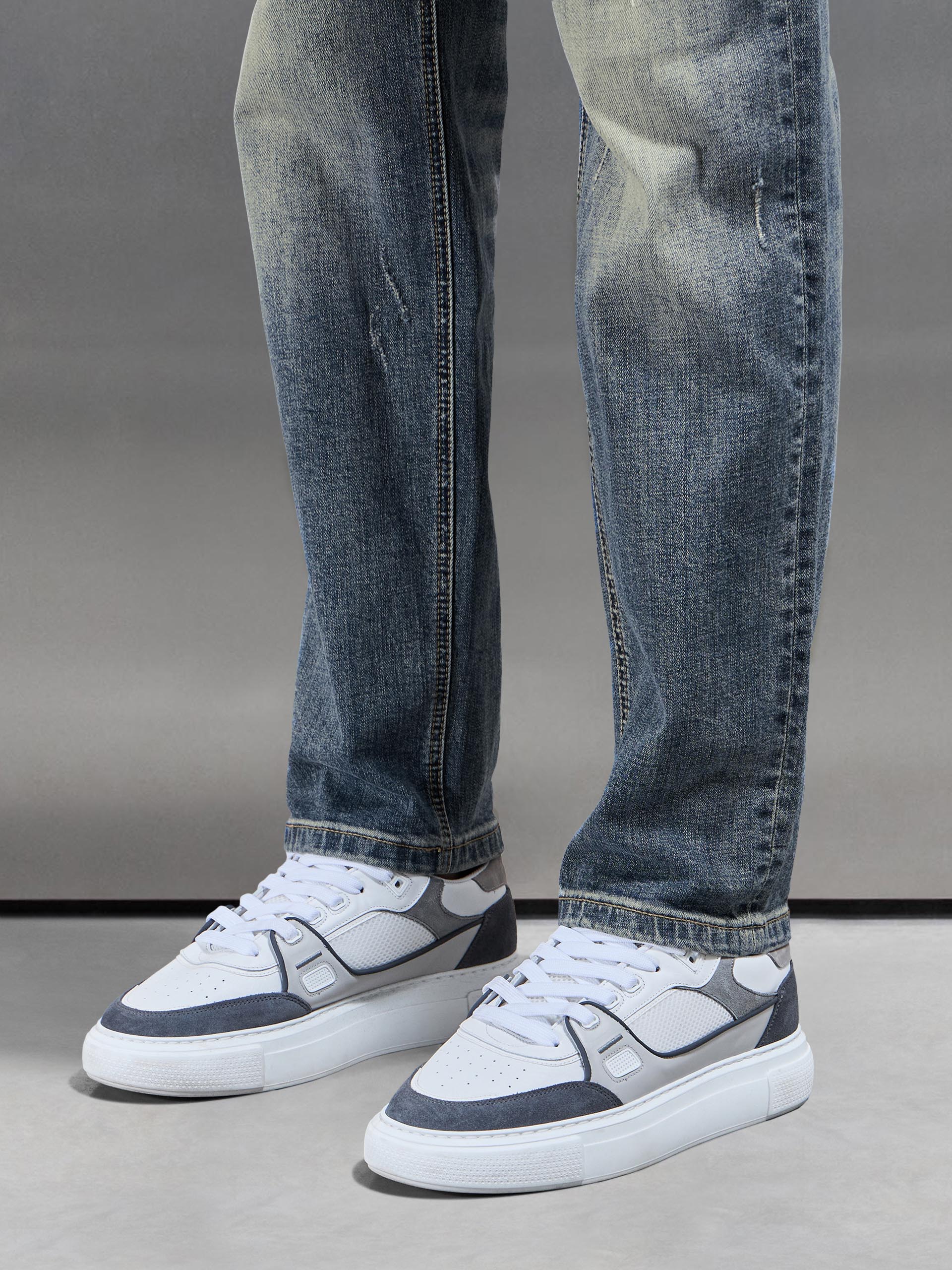 Distressed Straight Leg Denim Jeans in Sand Wash - Image 4