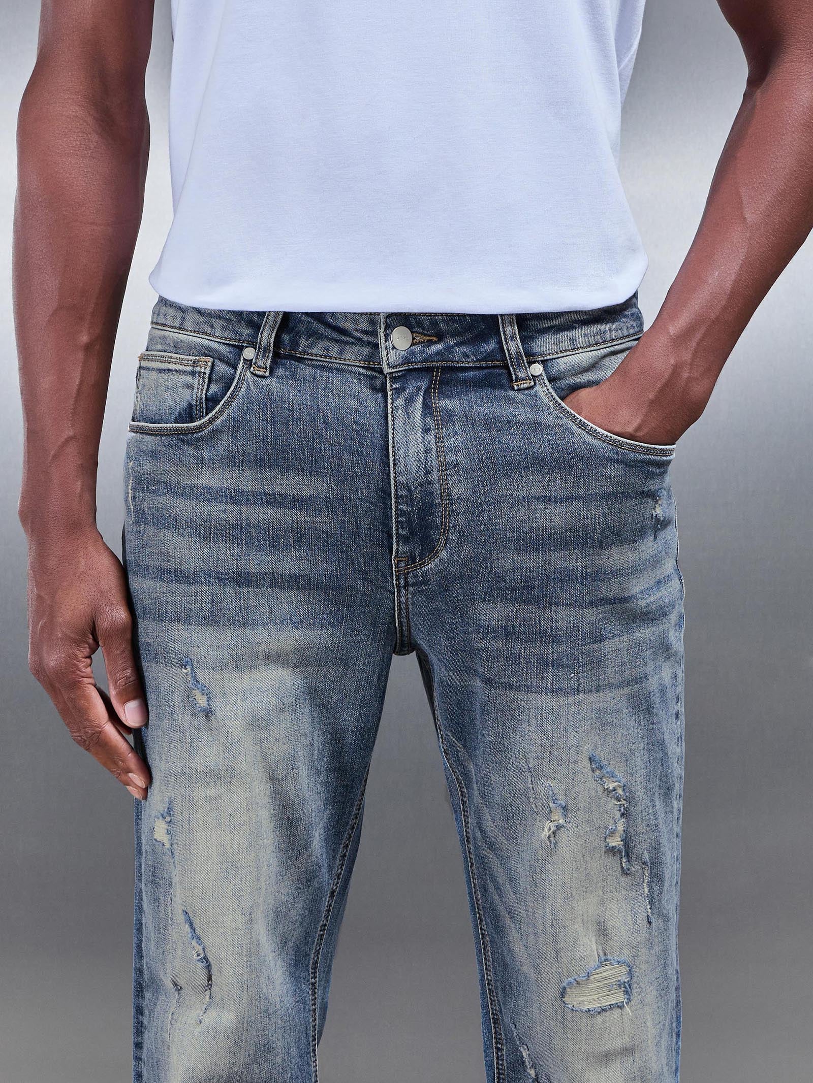 Distressed Straight Leg Denim Jeans in Sand Wash - Image 6