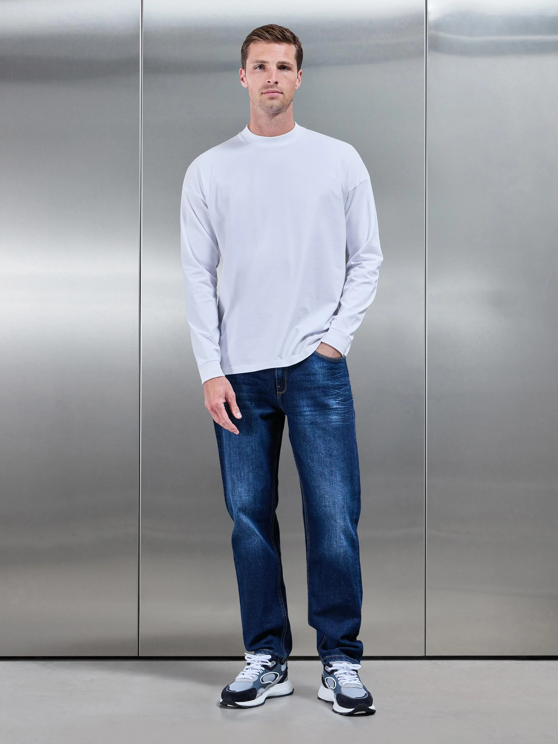 Essential Long Sleeve Relaxed Fit Stretch T-Shirt in White - Image 3