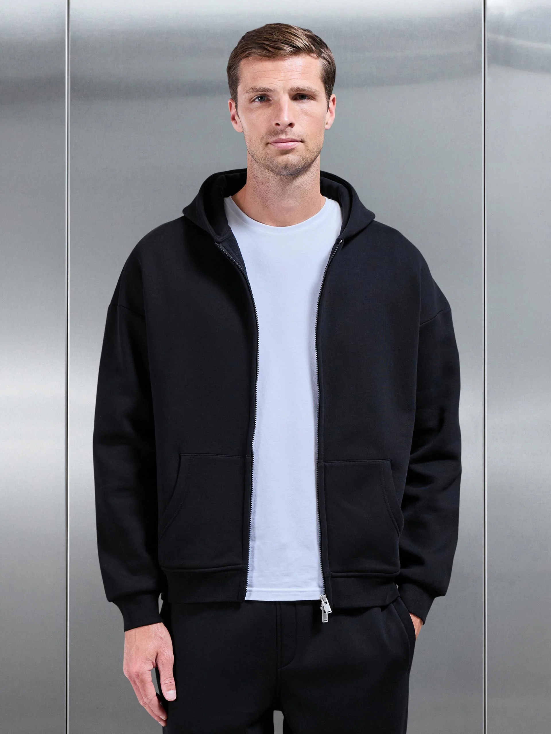 Essential Relaxed Fit Zip Through Hoodie in Black - Image 6