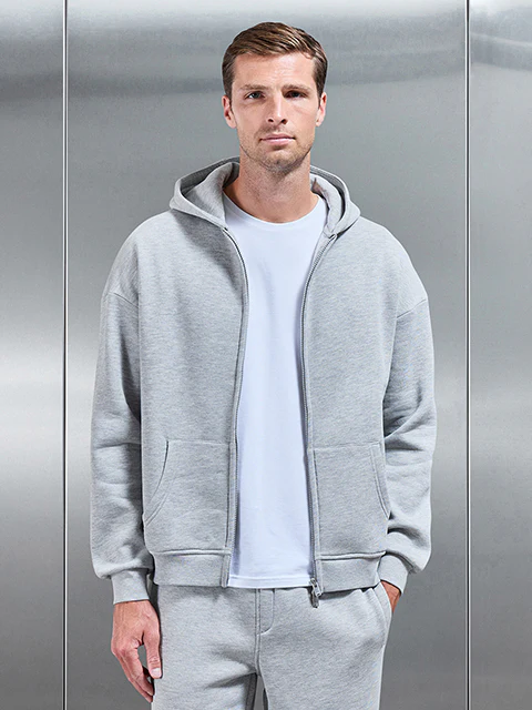 Essential Relaxed Fit Zip Through Hoodie in Marl Grey - Image 8