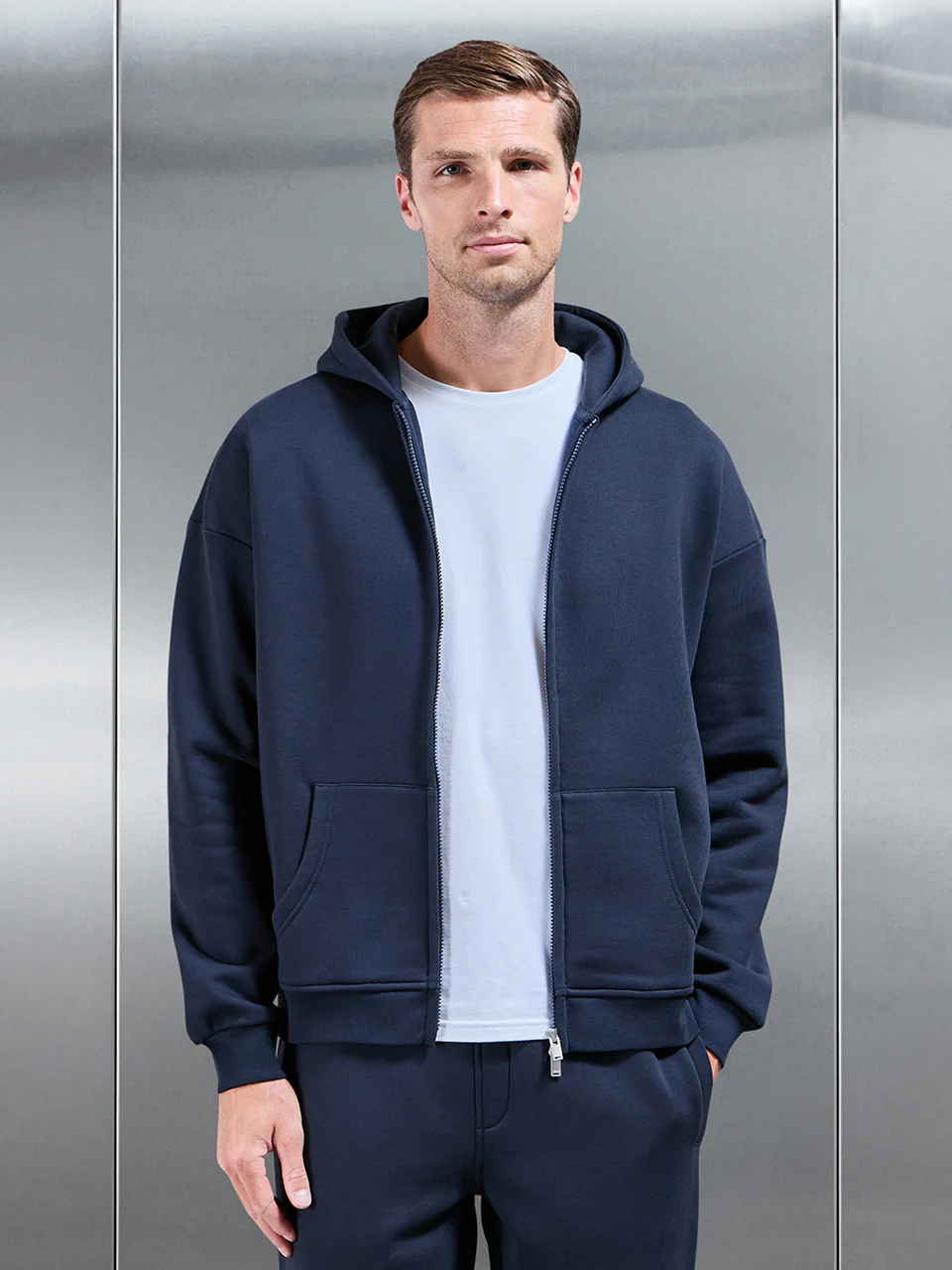 Essential Relaxed Fit Zip Through Hoodie in Navy - Image 6