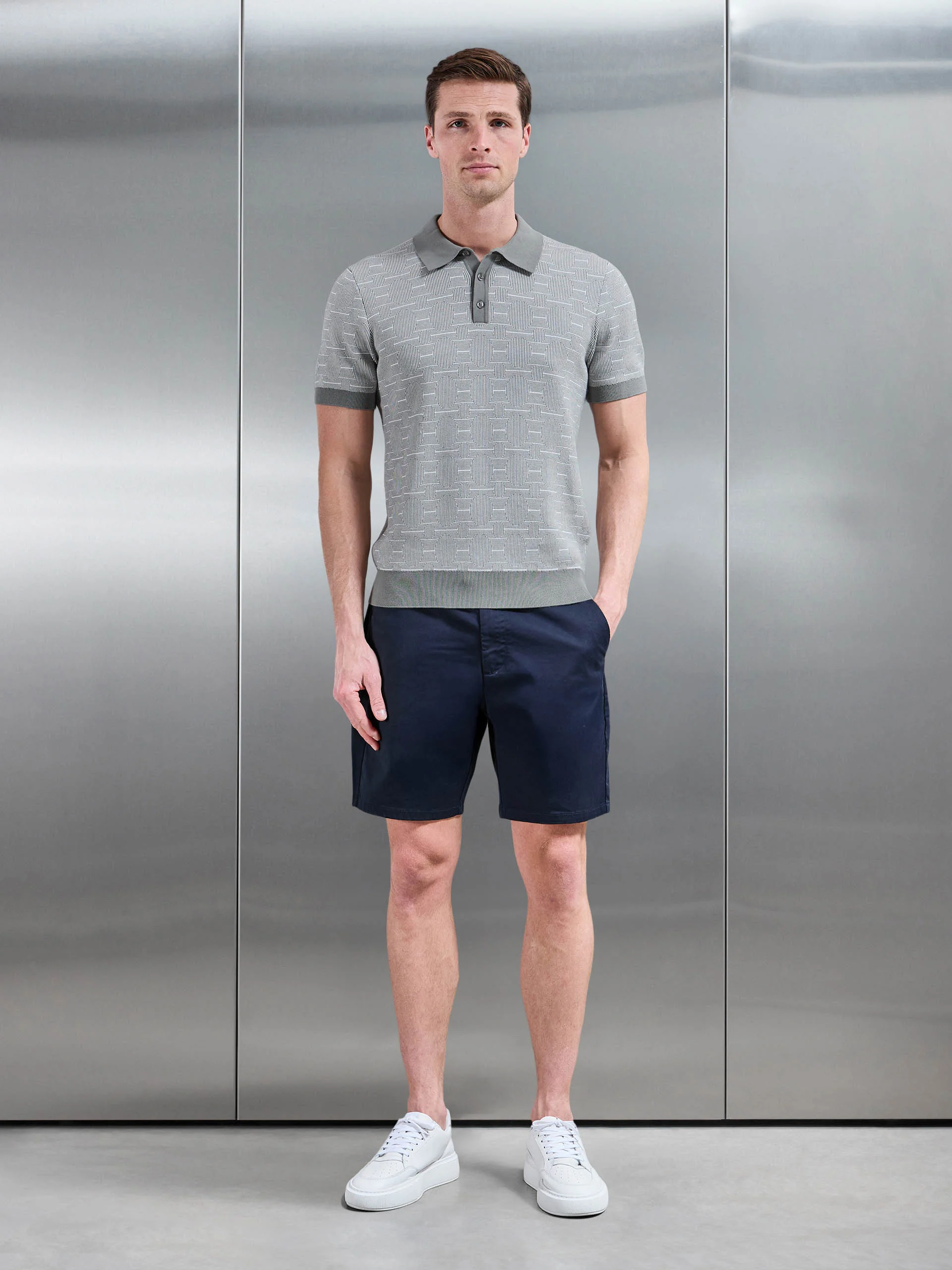 Este Knitted Button Polo Shirt in Sage - Image 2