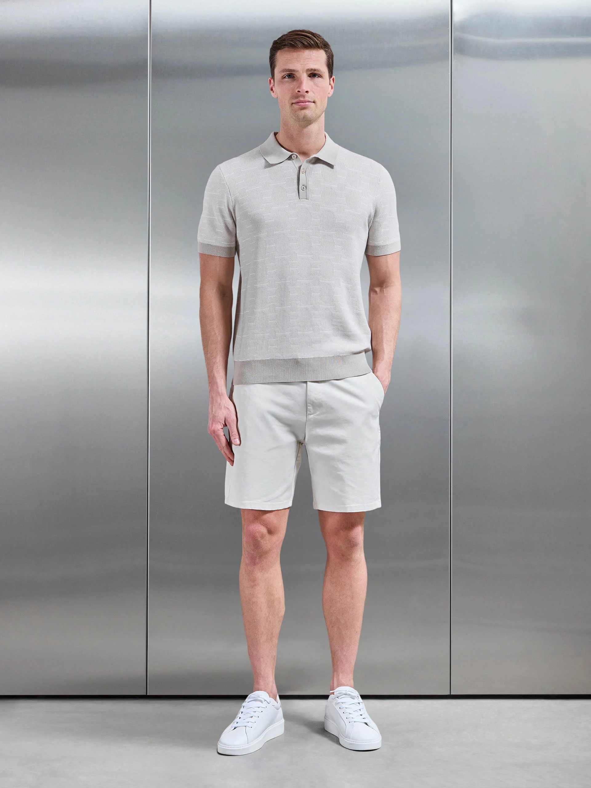 Este Knitted Button Polo Shirt in Stone - Image 2