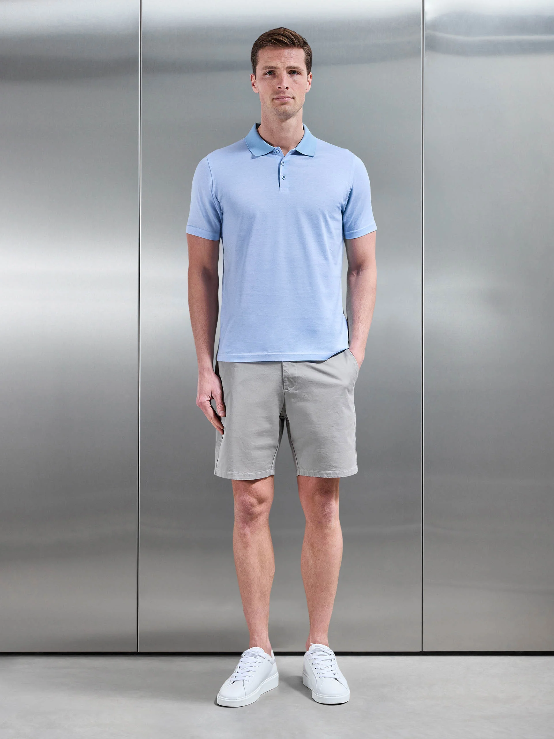 Fine Stripe Mercerised Polo Shirt in Light Blue - Image 2