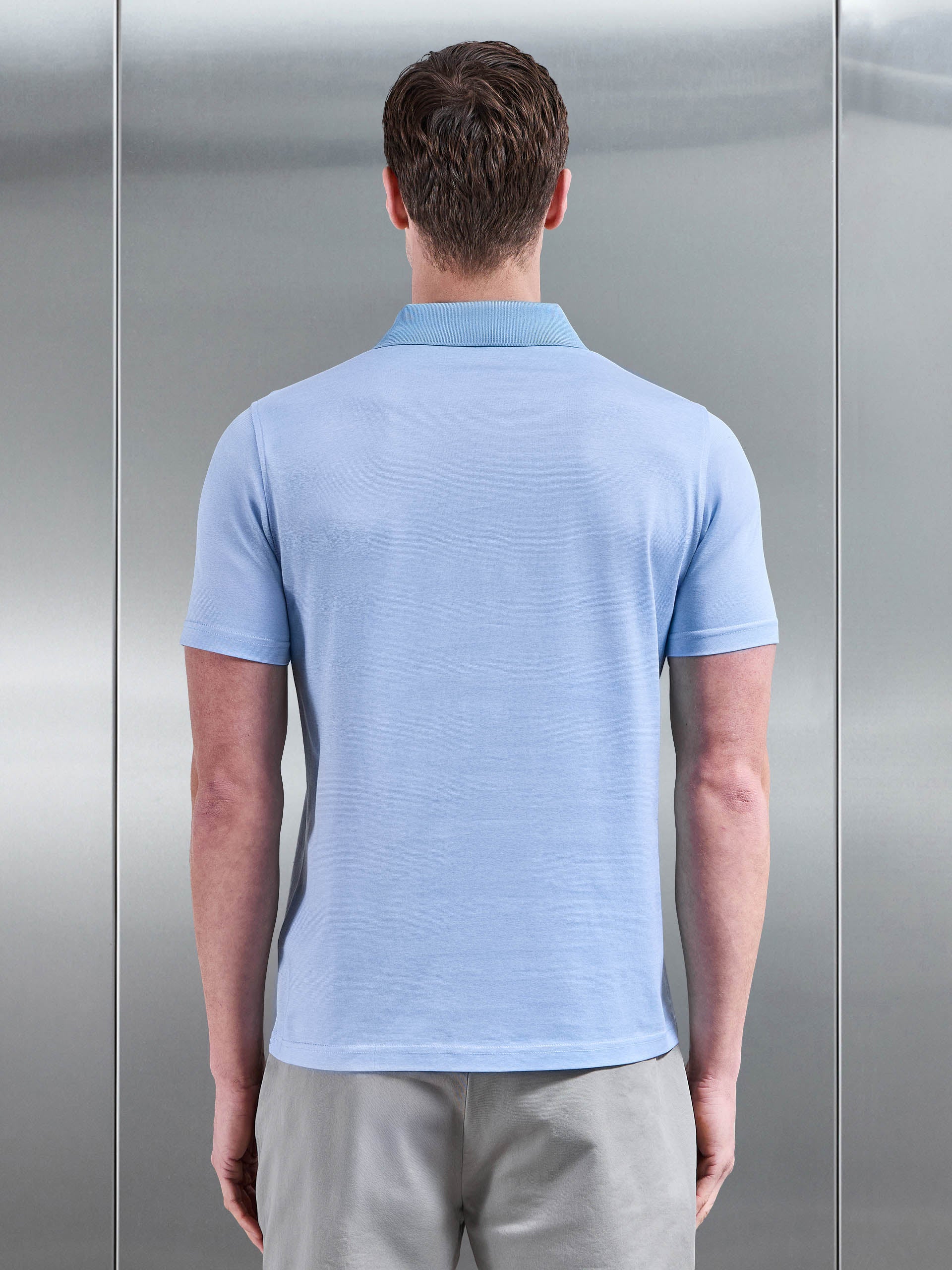 Fine Stripe Mercerised Polo Shirt in Light Blue - Image 3