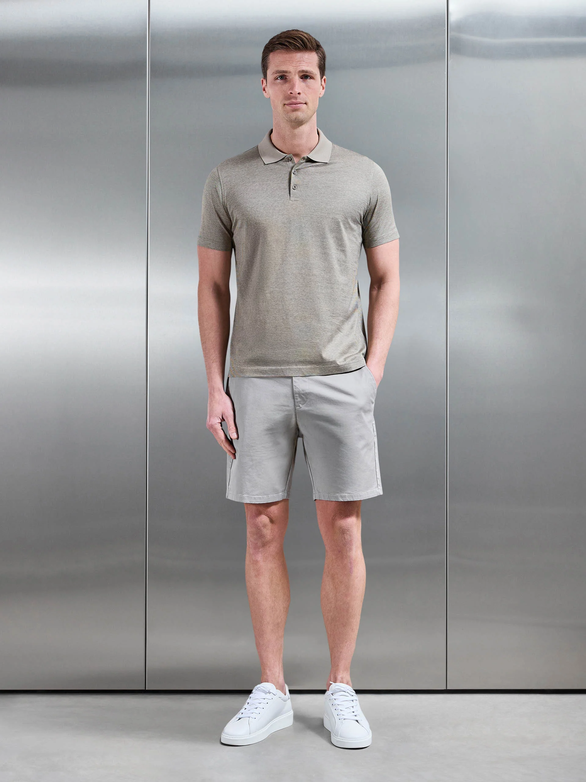 Fine Stripe Mercerised Polo Shirt in Olive - Image 2