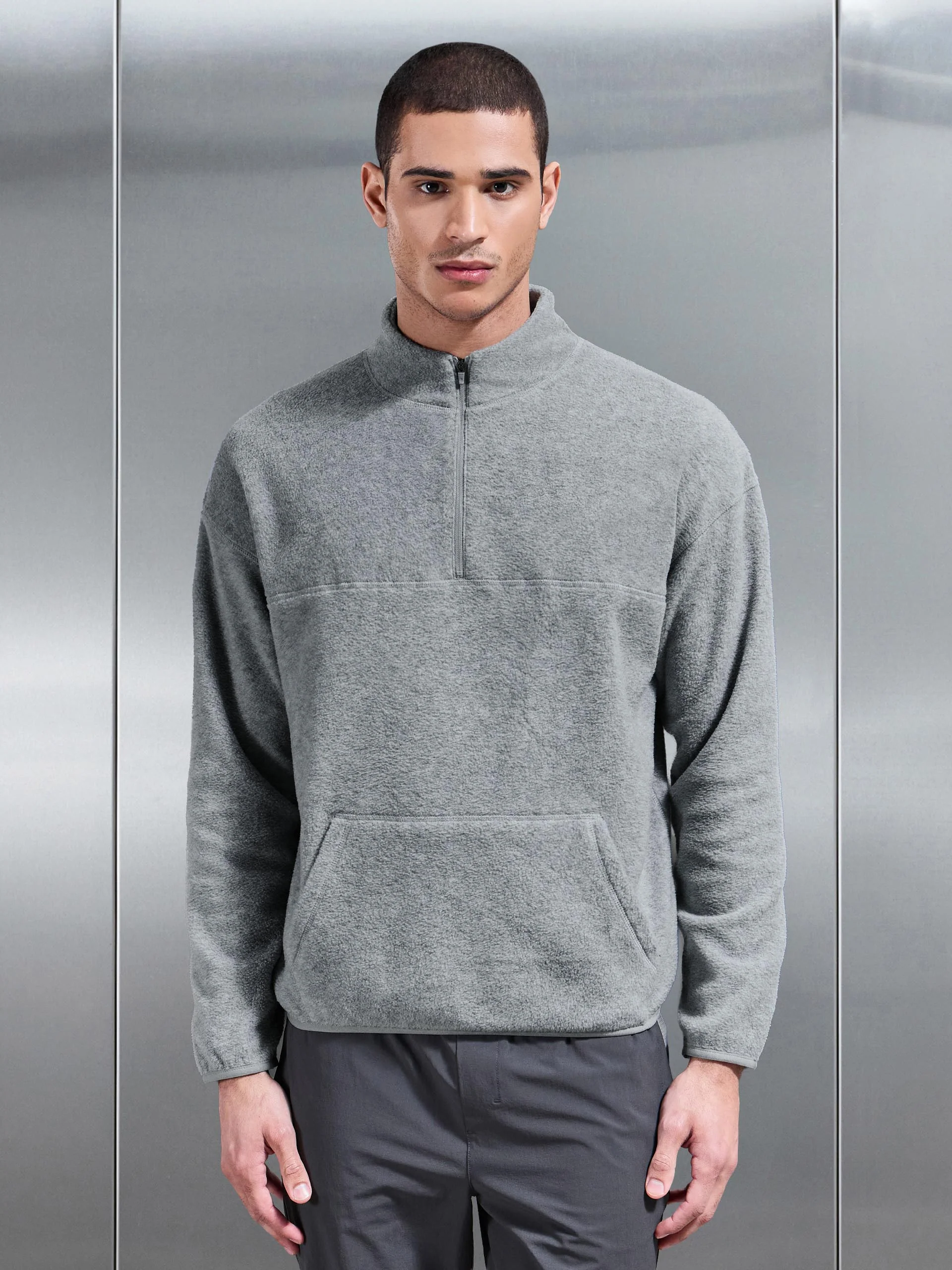 Fleece Relaxed Fit Half Zip in Grey Marl - Image 3