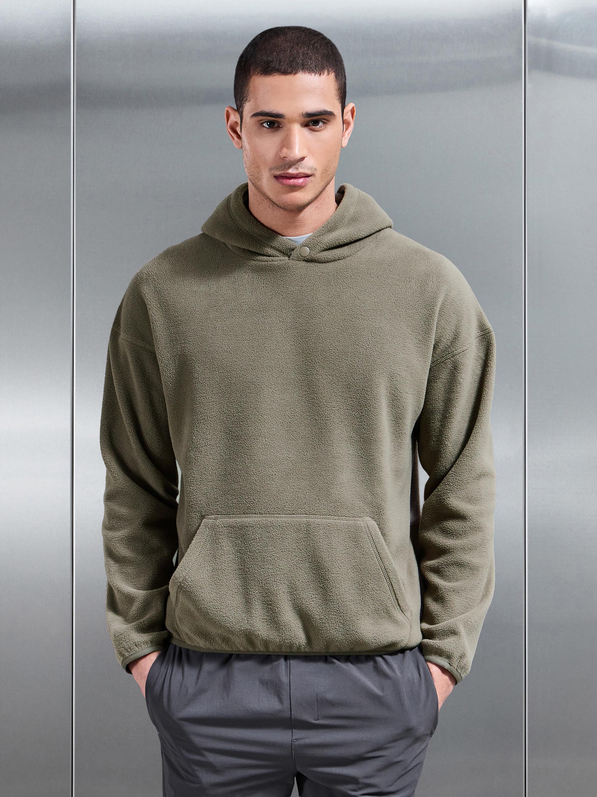 Fleece Relaxed Fit Hoodie in Olive - Image 3