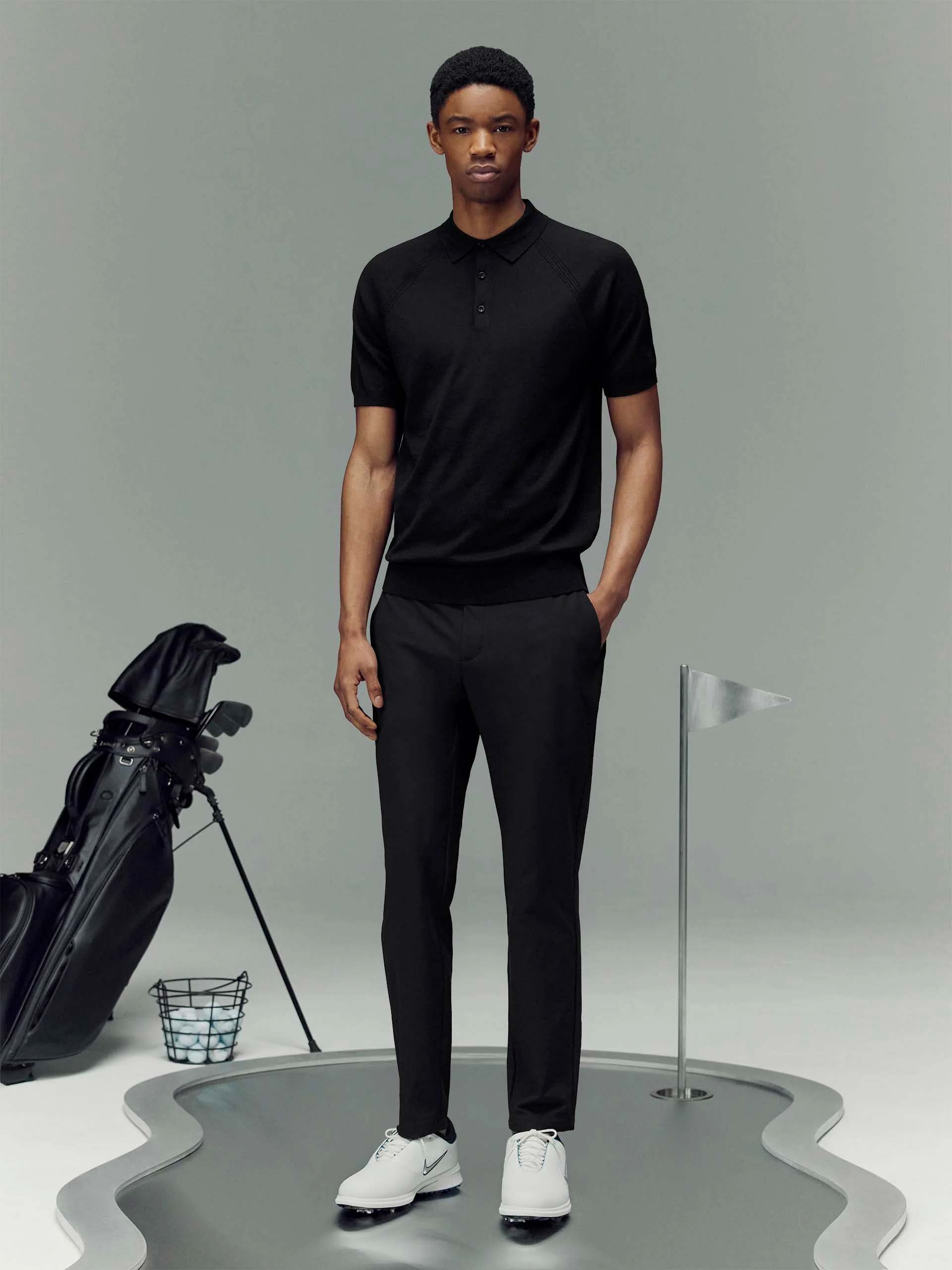 Golf Knitted Button Polo Shirt in Black - Image 2