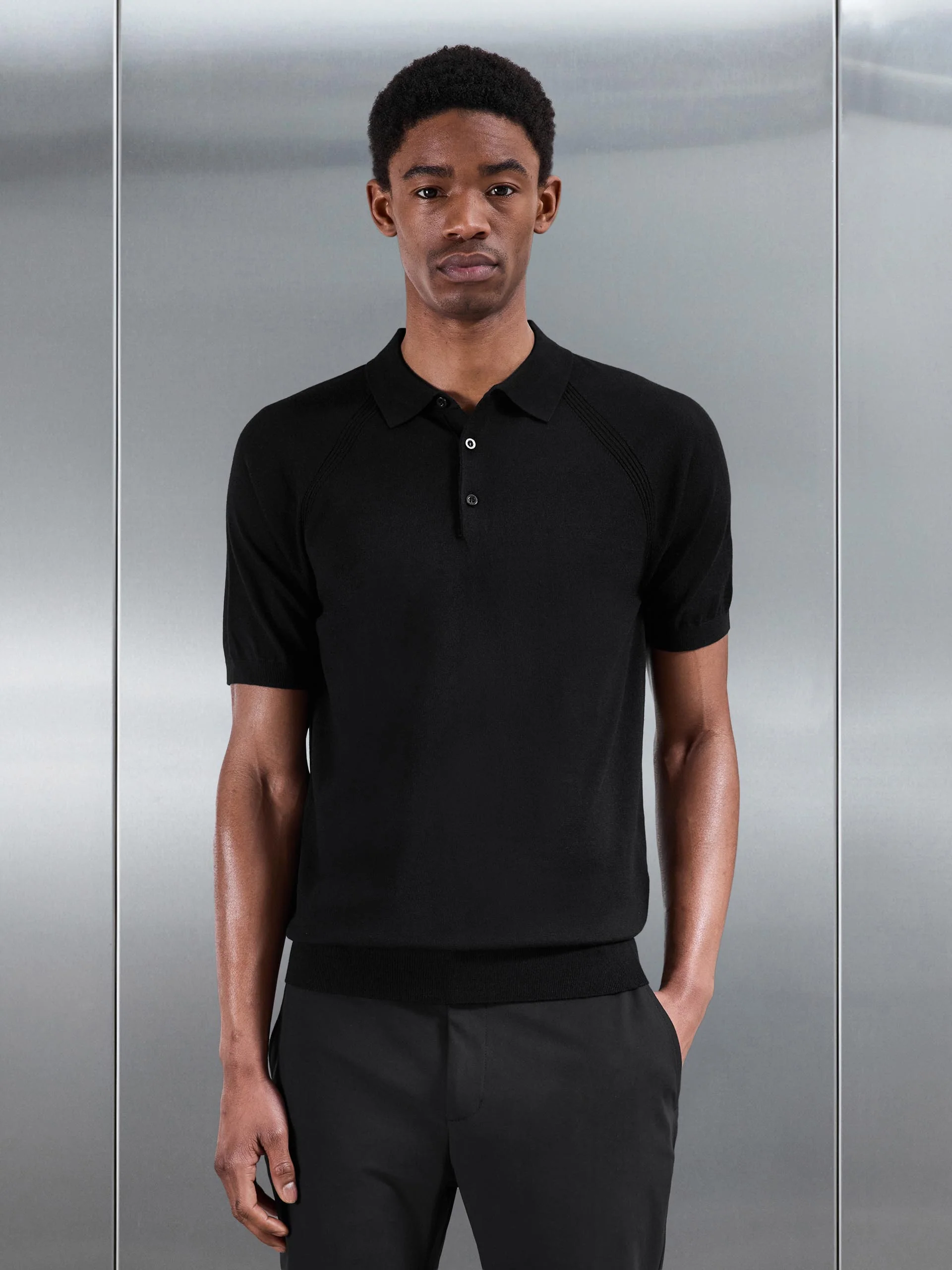 Golf Knitted Button Polo Shirt in Black - Image 3