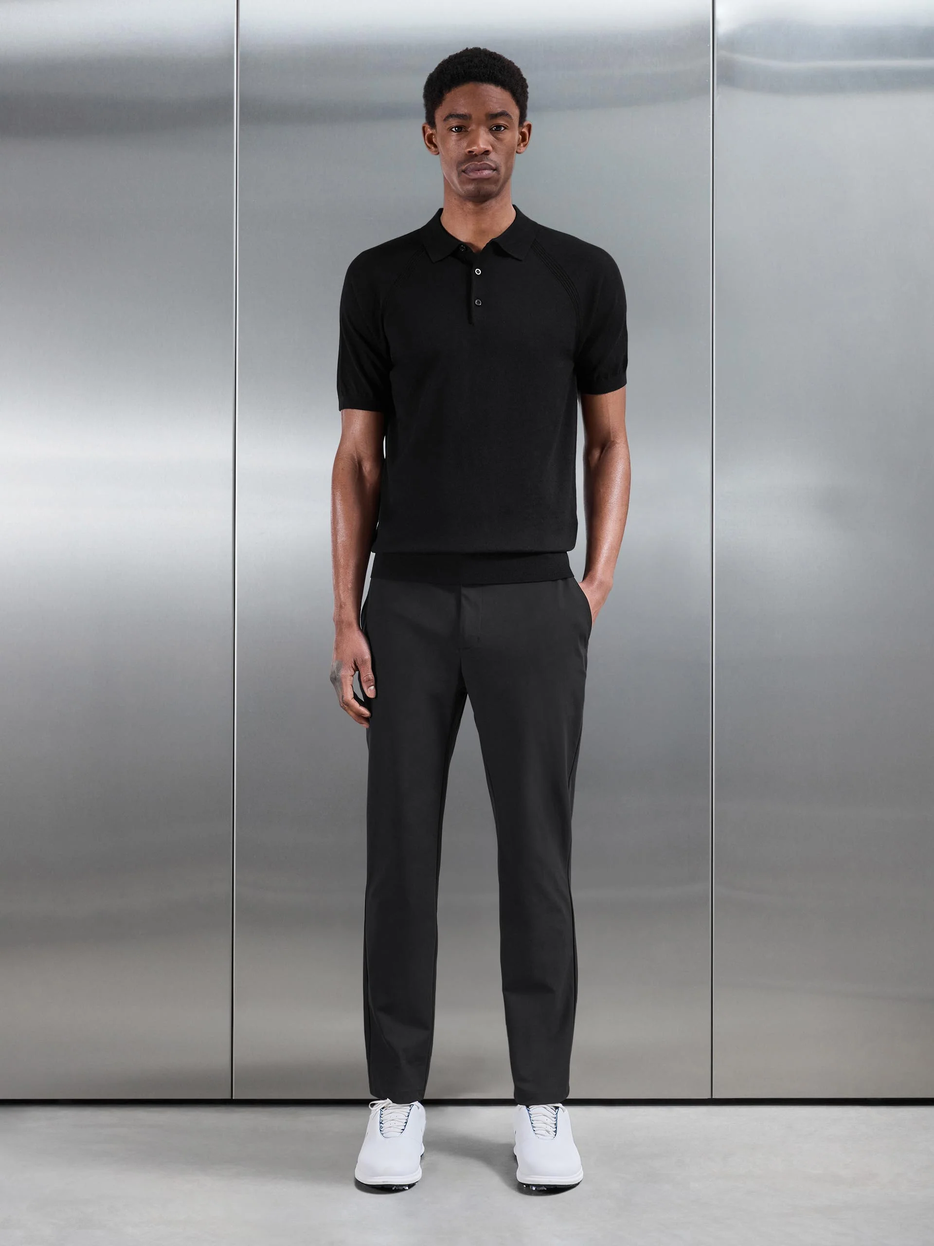 Golf Knitted Button Polo Shirt in Black - Image 4