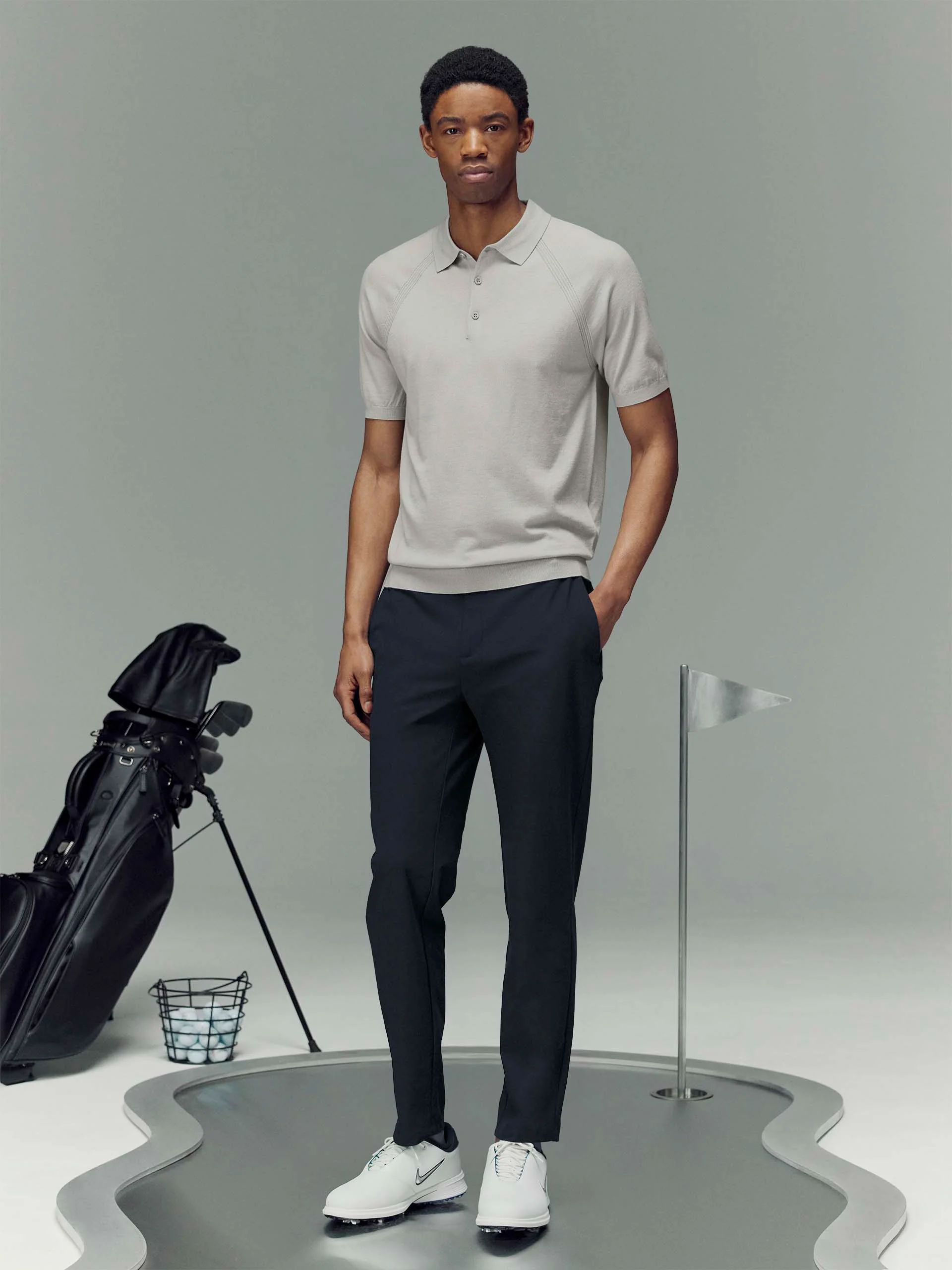 Golf Knitted Button Polo Shirt in Mid Grey - Image 2