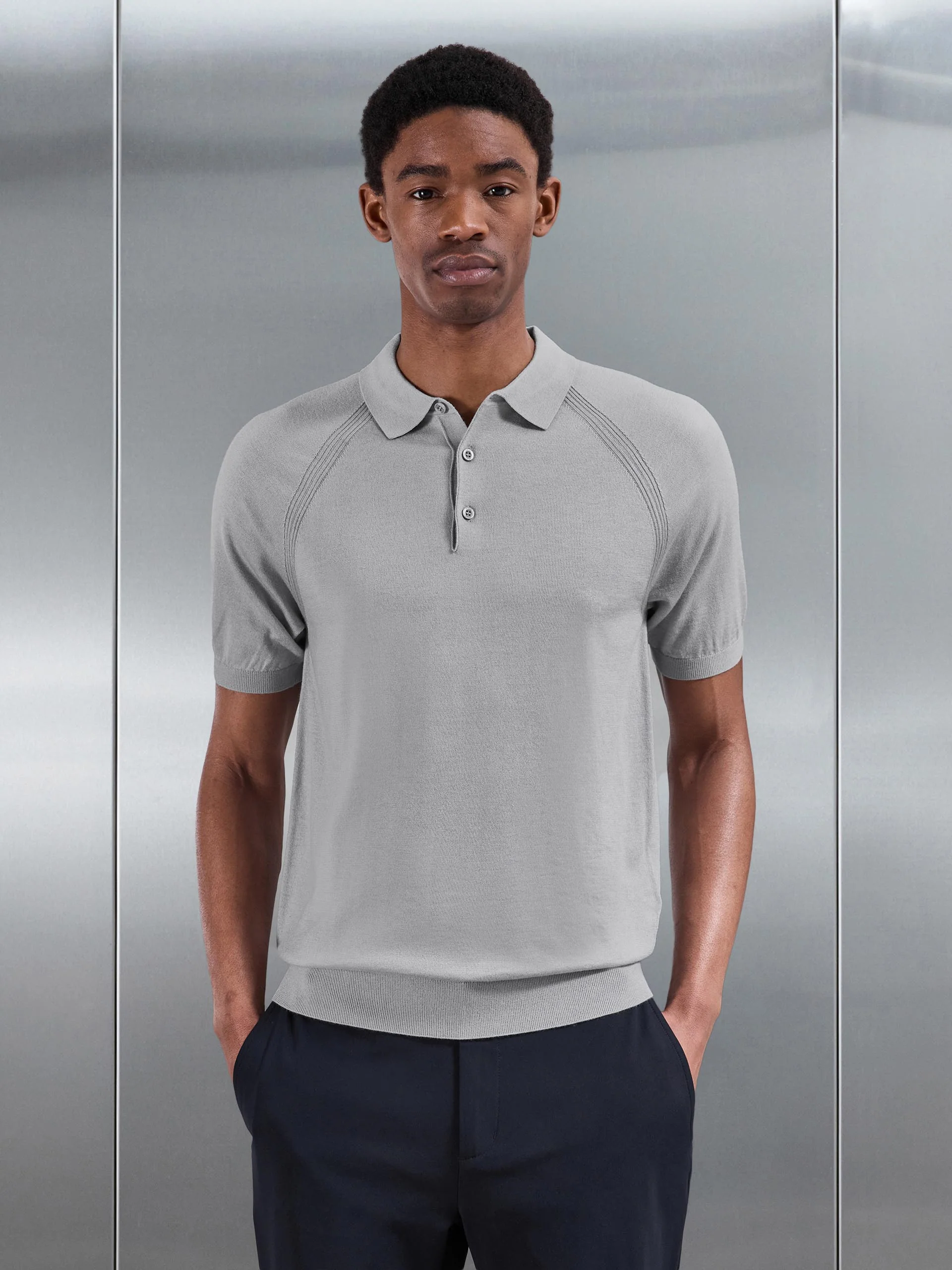 Golf Knitted Button Polo Shirt in Mid Grey - Image 3