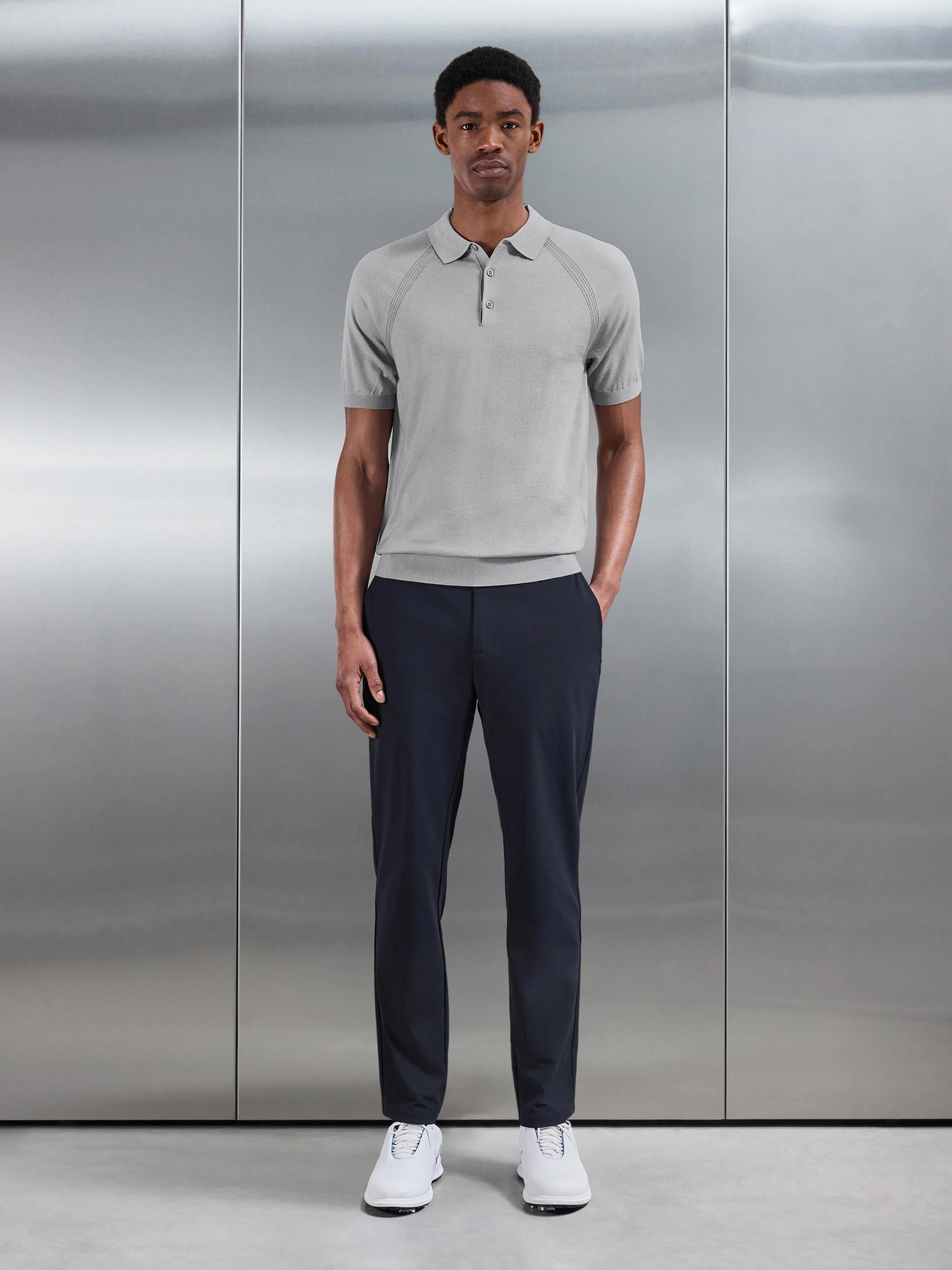 Golf Knitted Button Polo Shirt in Mid Grey - Image 4