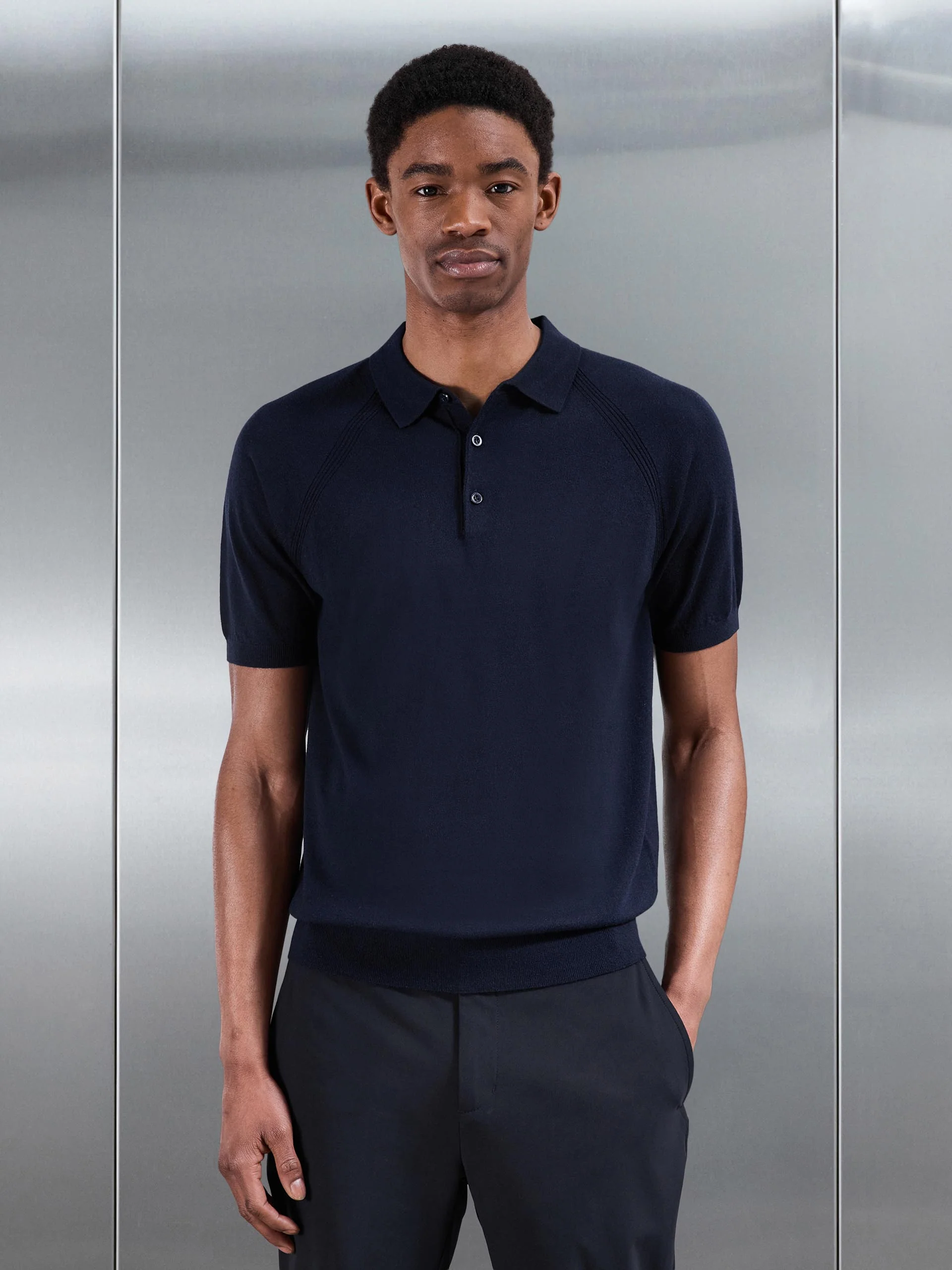 Golf Knitted Button Polo Shirt in Navy - Image 3
