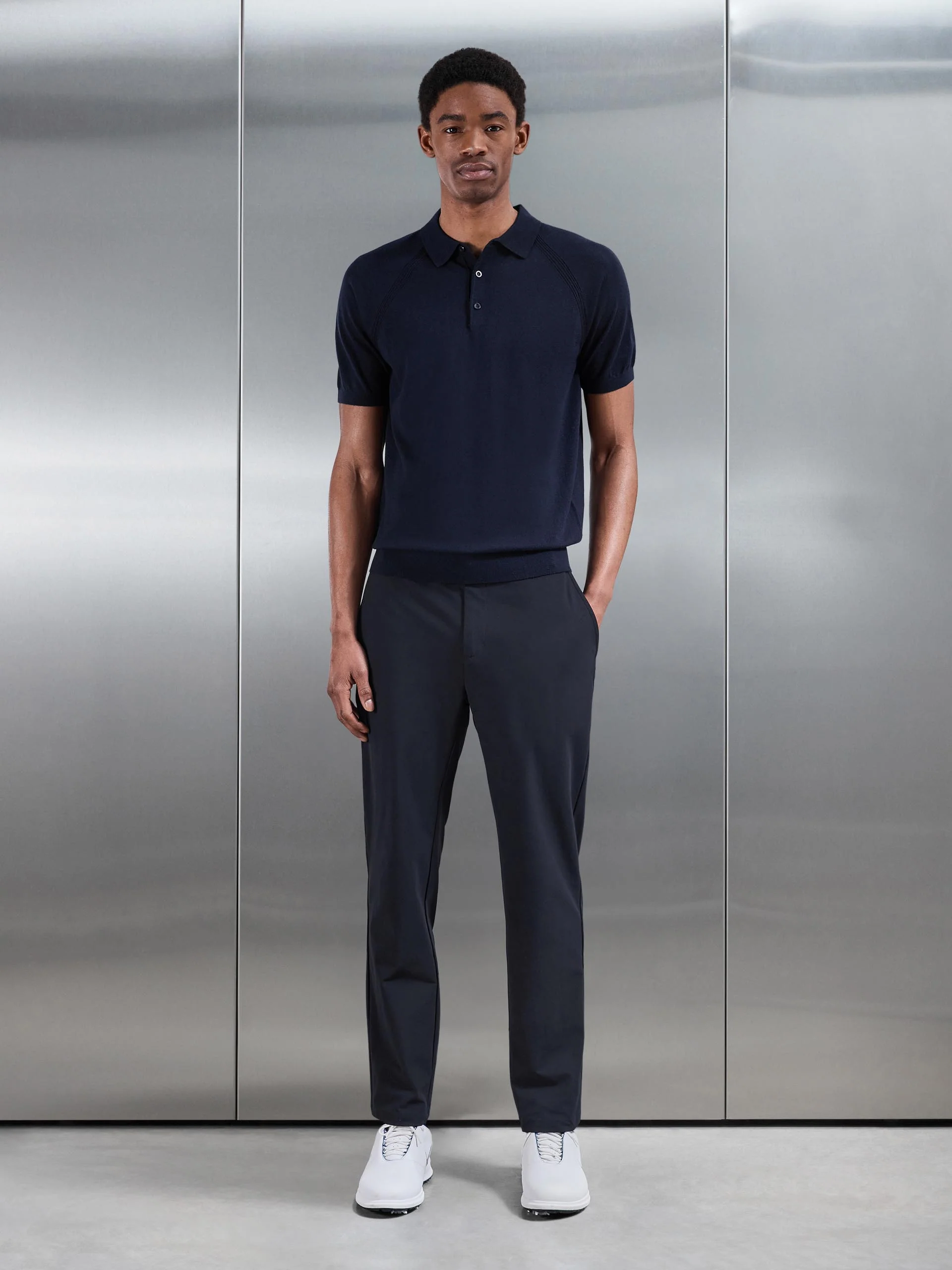 Golf Knitted Button Polo Shirt in Navy - Image 4
