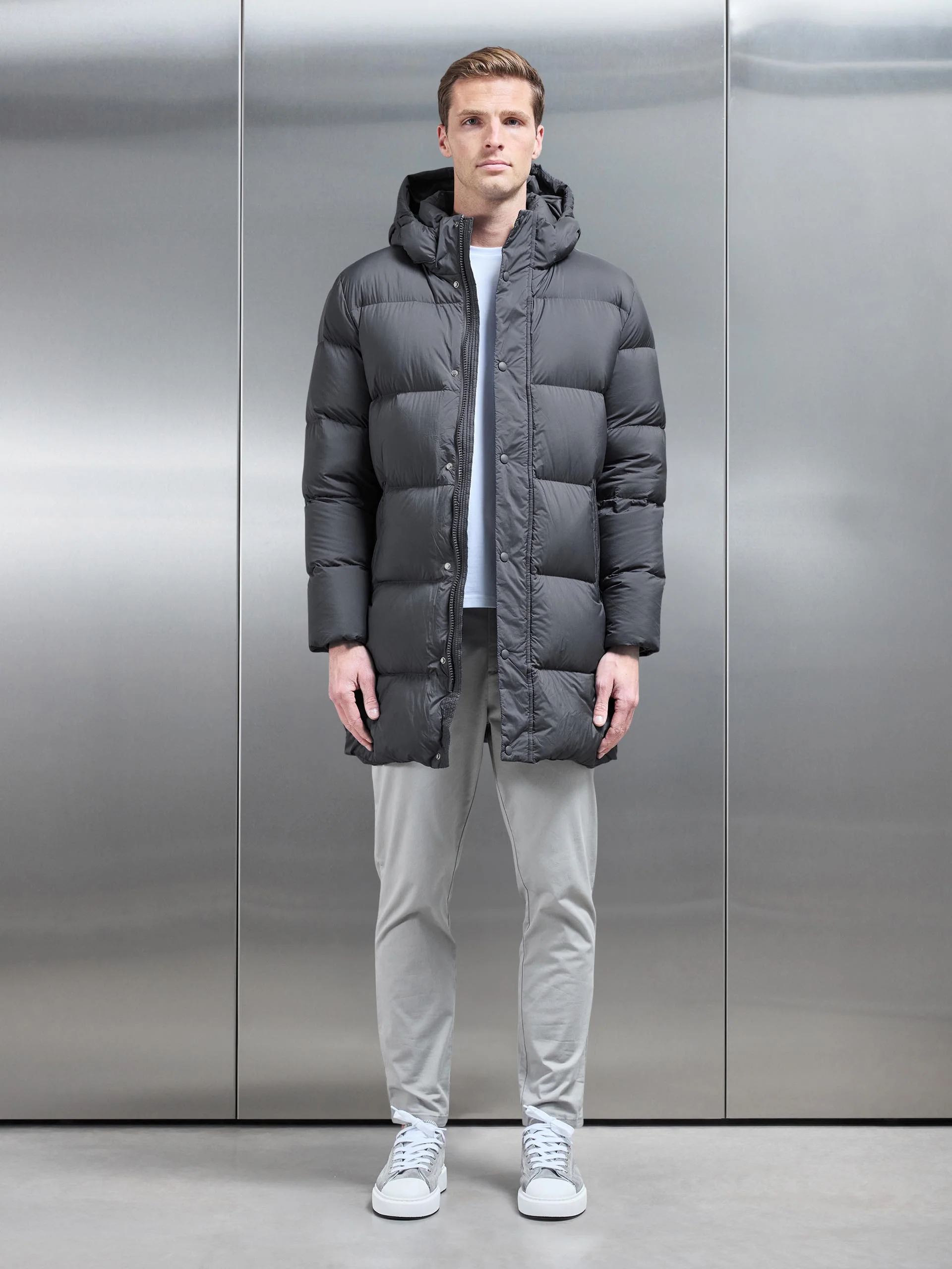 Goose Down Mid Length Jacket in Grey - Image 2