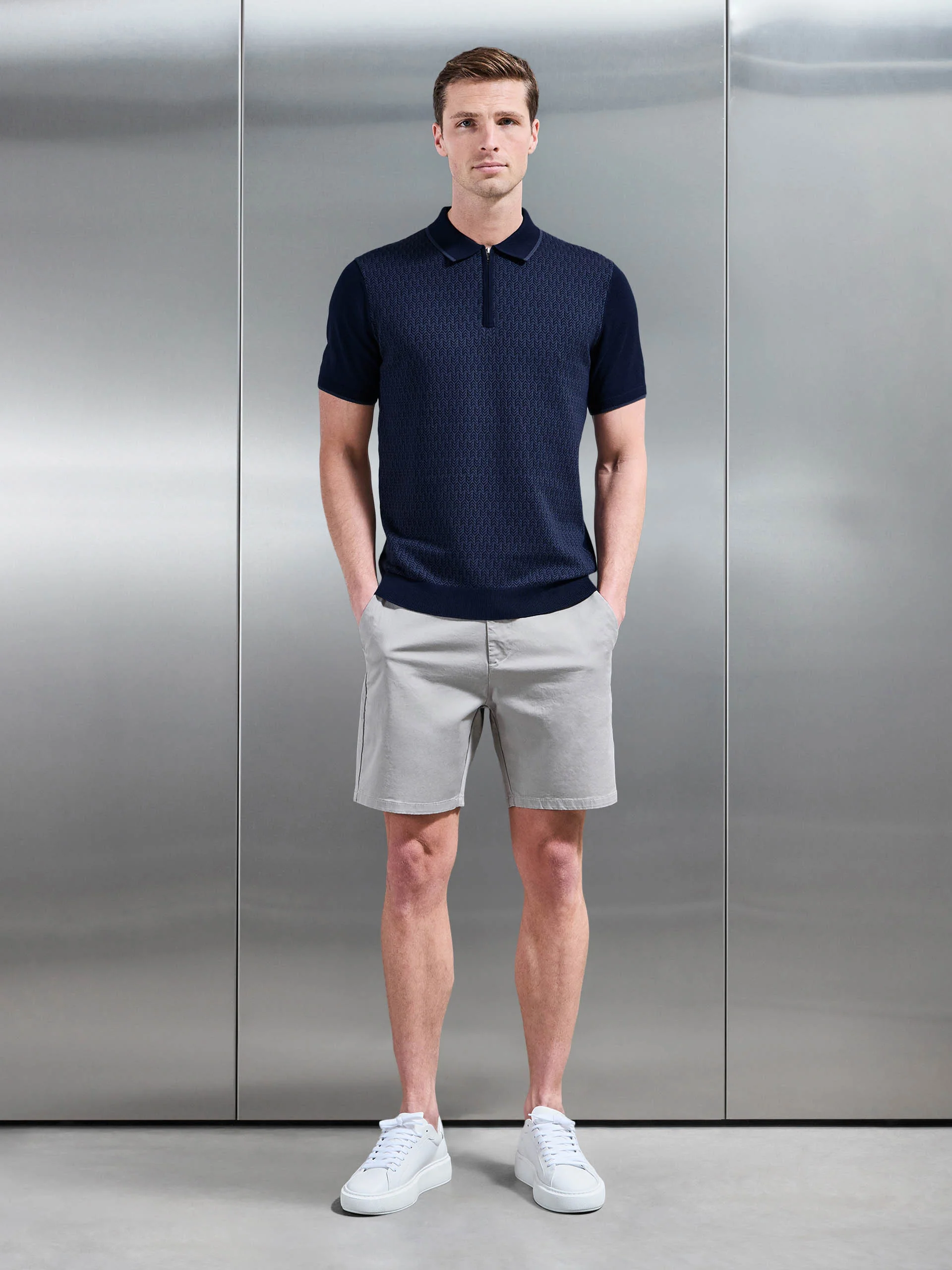 Herringbone Knitted Zip Polo Shirt in Navy - Image 2
