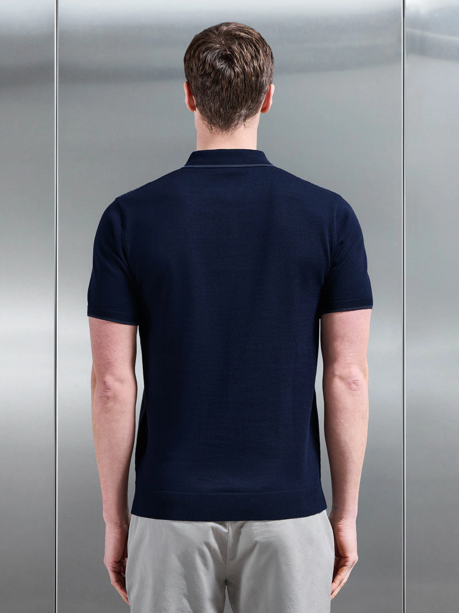 Herringbone Knitted Zip Polo Shirt in Navy - Image 3