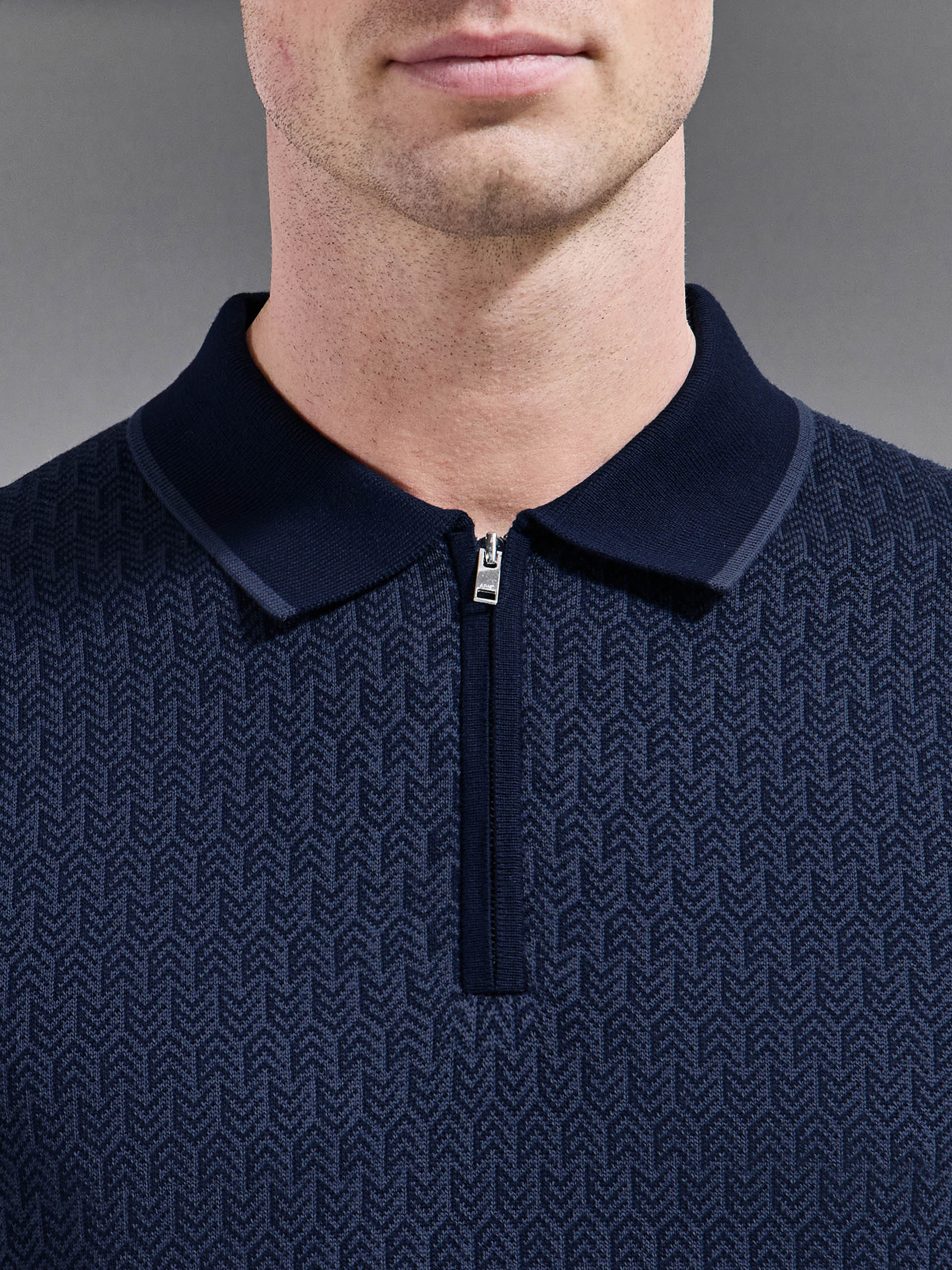 Herringbone Knitted Zip Polo Shirt in Navy - Image 4