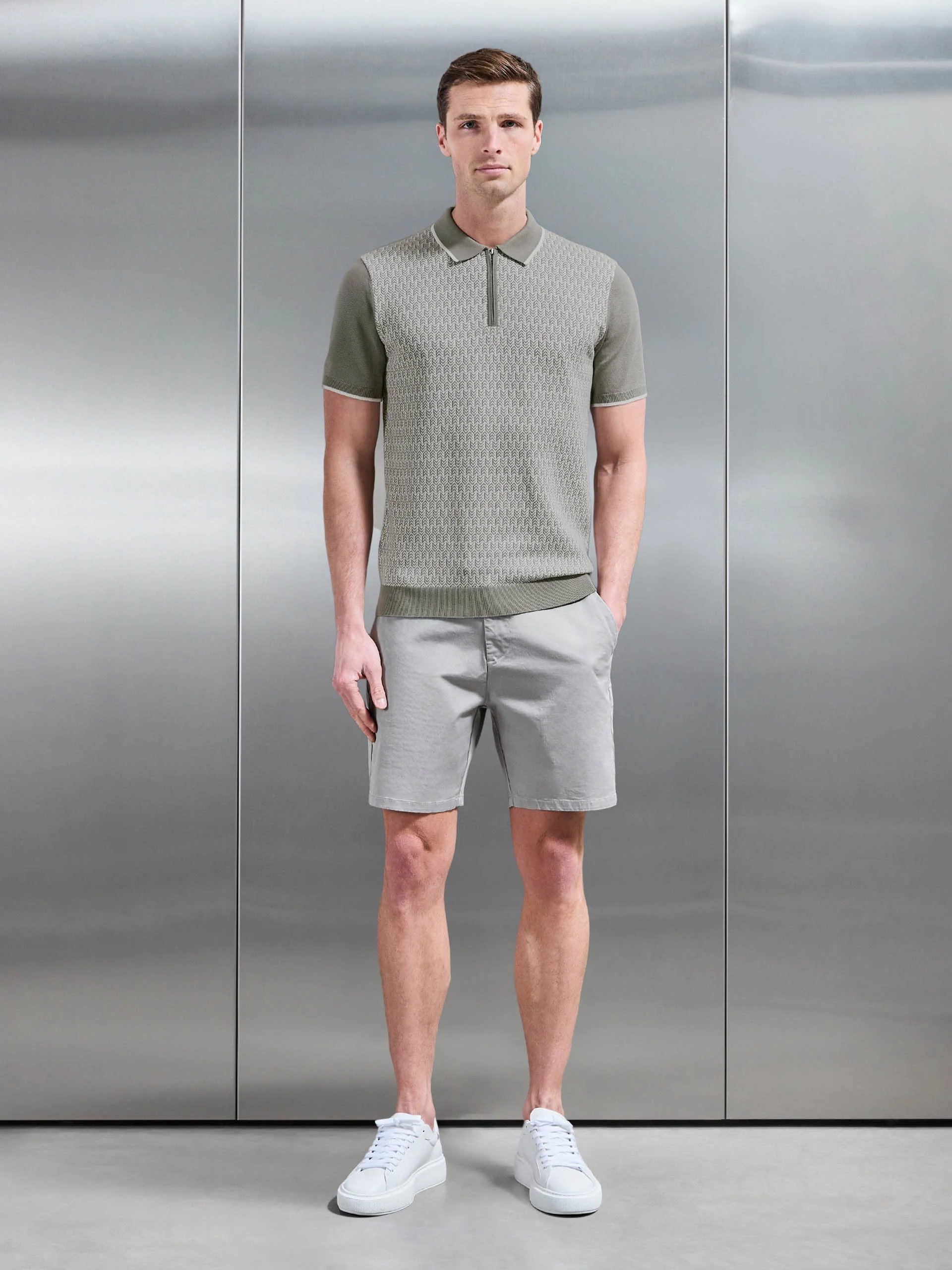 Herringbone Knitted Zip Polo Shirt in Sage - Image 2