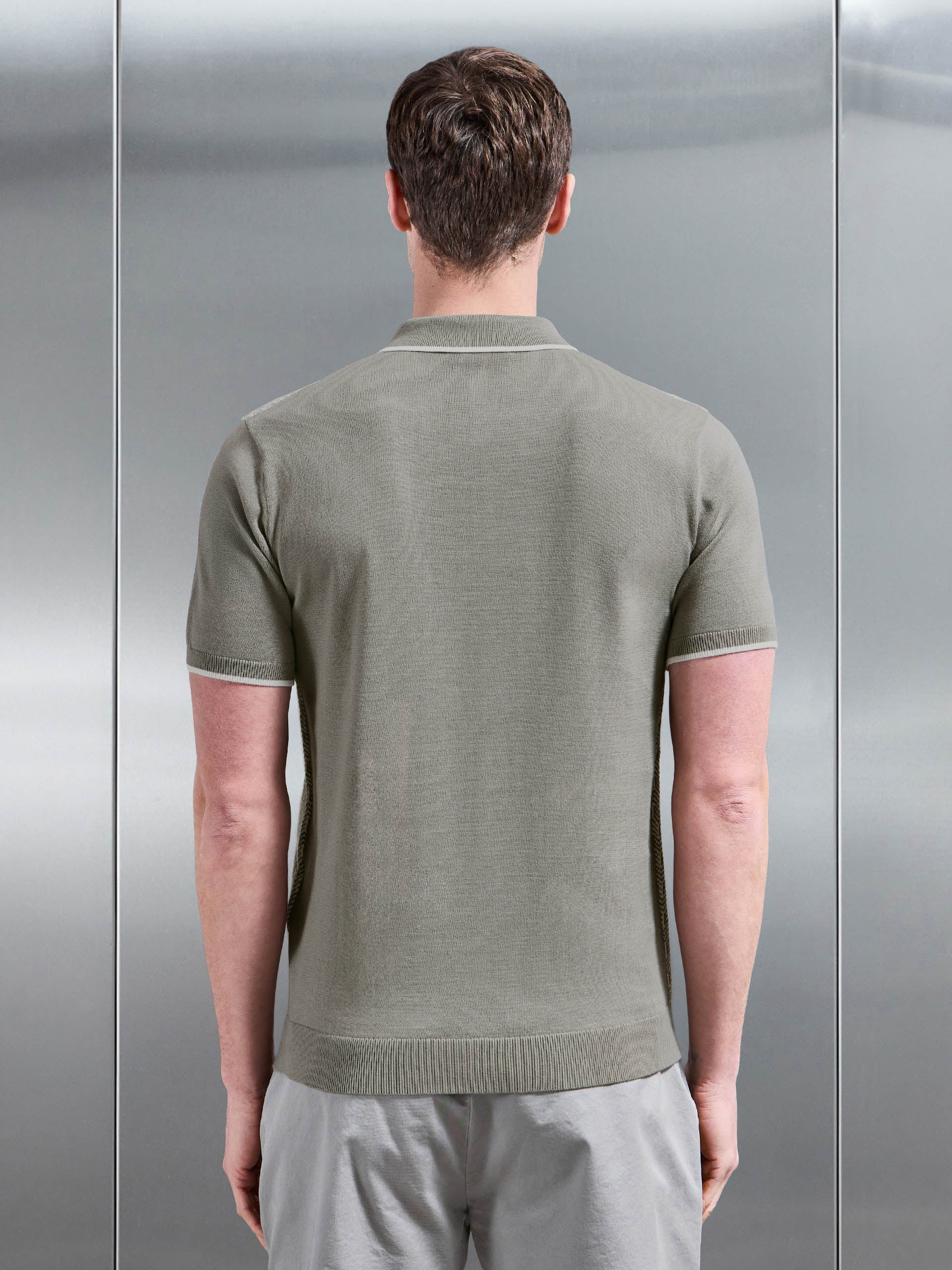 Herringbone Knitted Zip Polo Shirt in Sage - Image 3