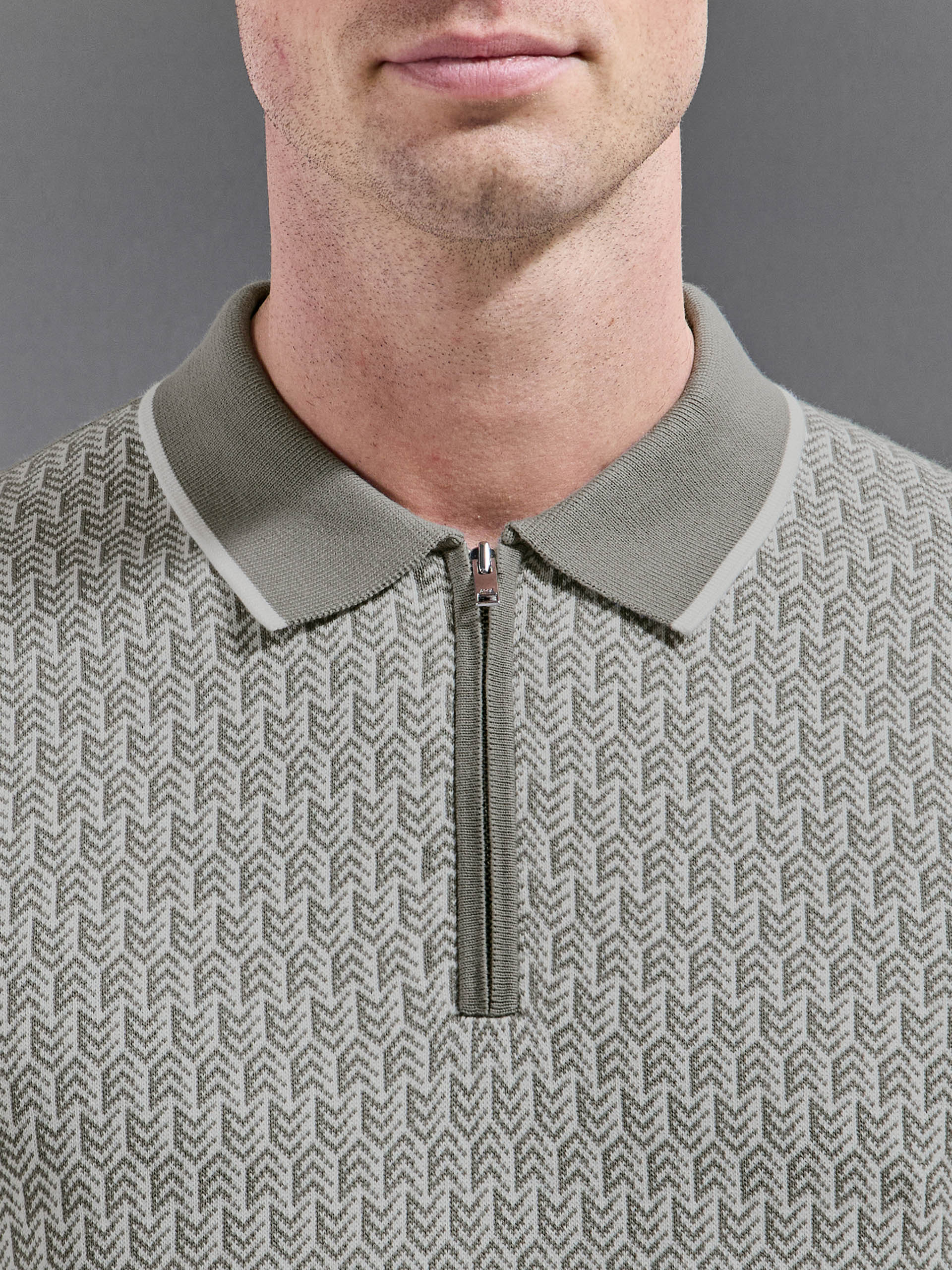 Herringbone Knitted Zip Polo Shirt in Sage - Image 4