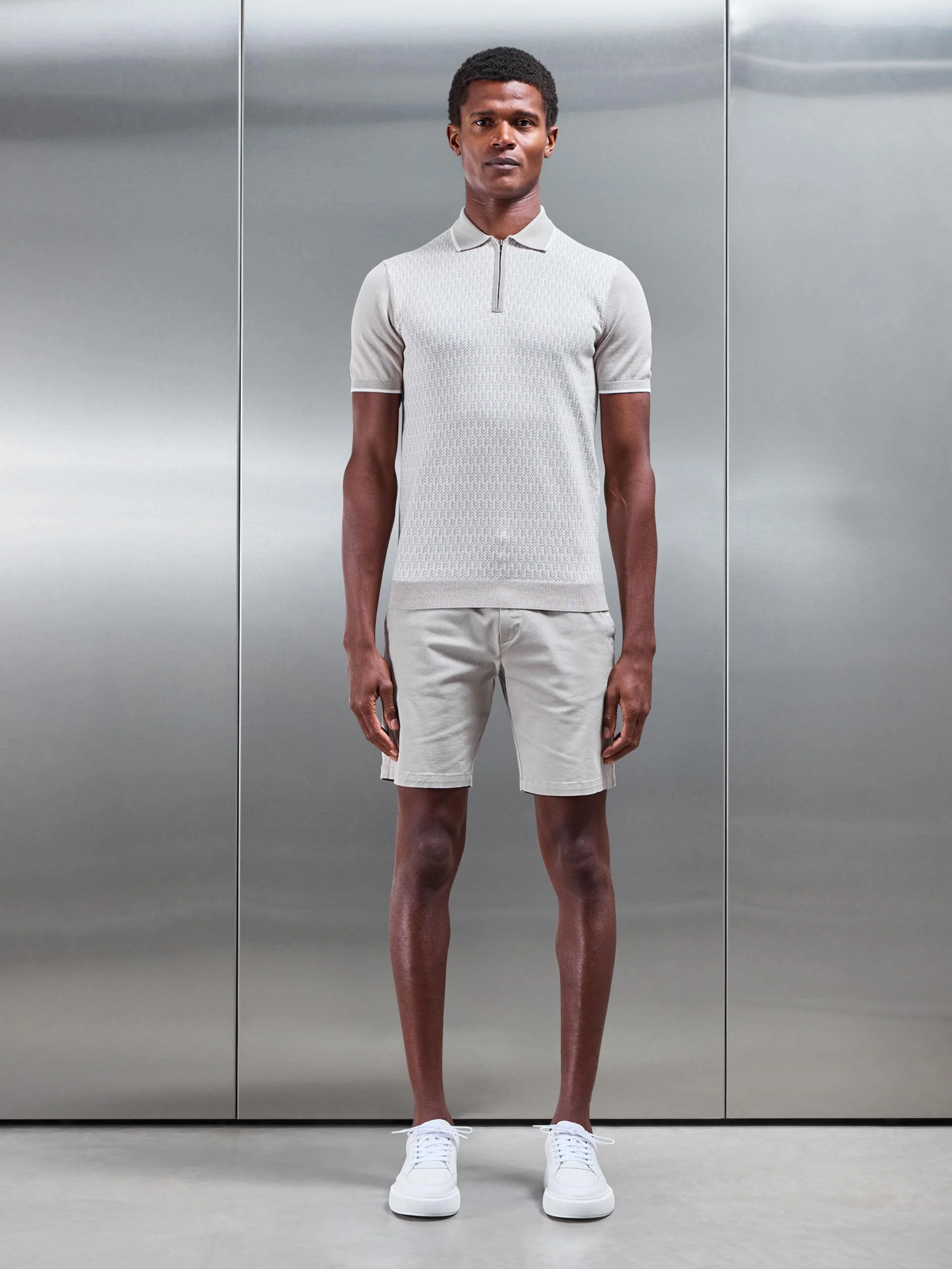 Herringbone Knitted Zip Polo Shirt in Stone - Image 2