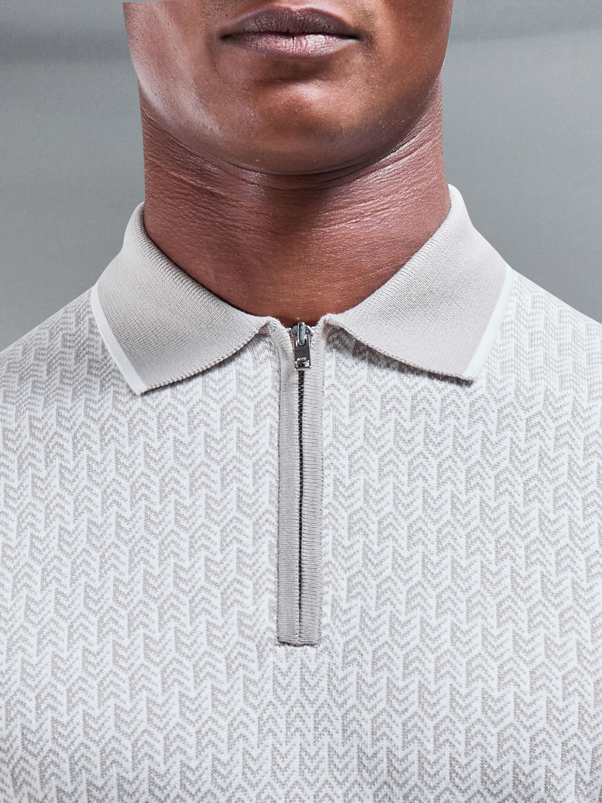 Herringbone Knitted Zip Polo Shirt in Stone - Image 3