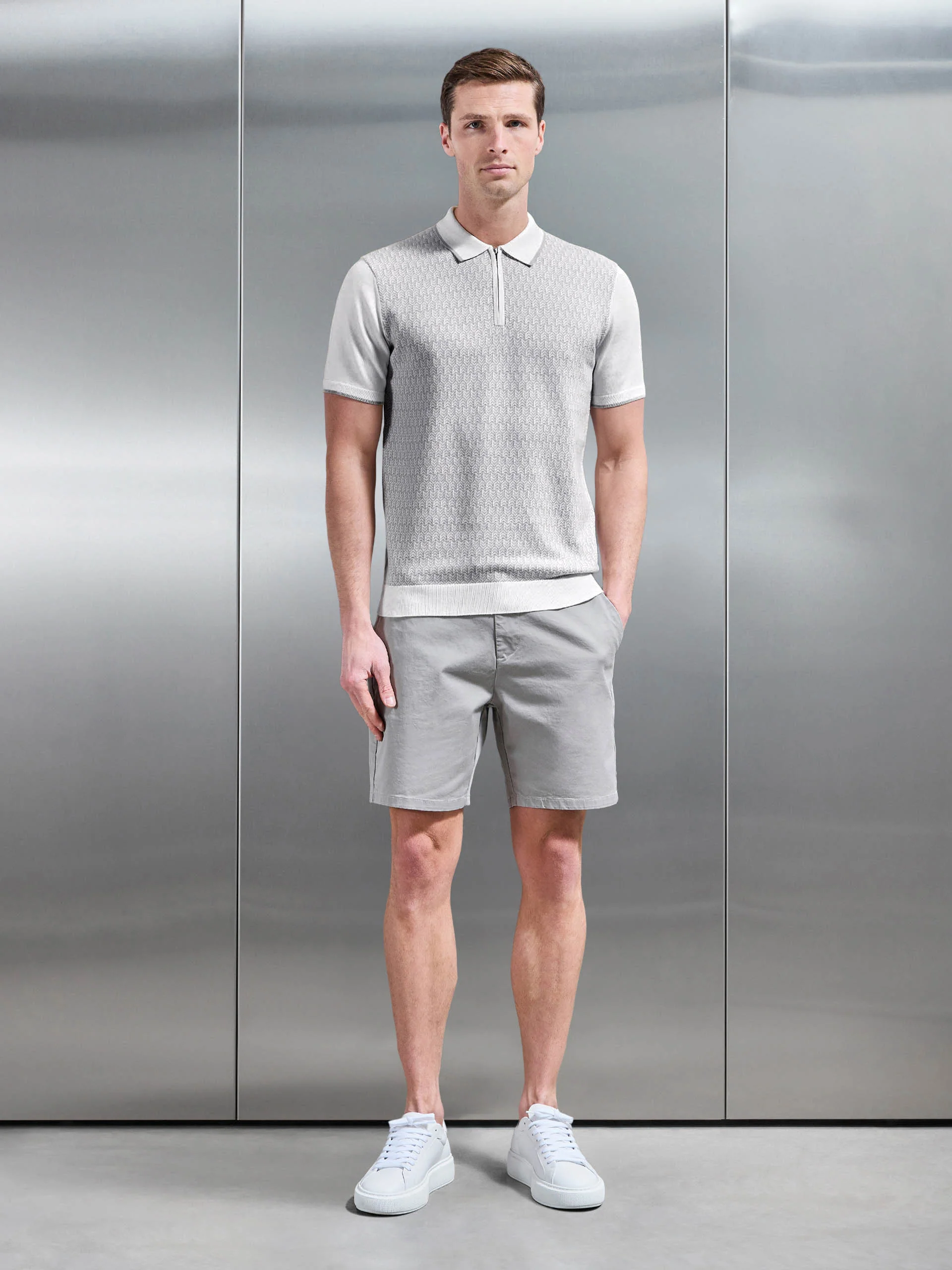 Herringbone Knitted Zip Polo Shirt in White Grey - Image 2