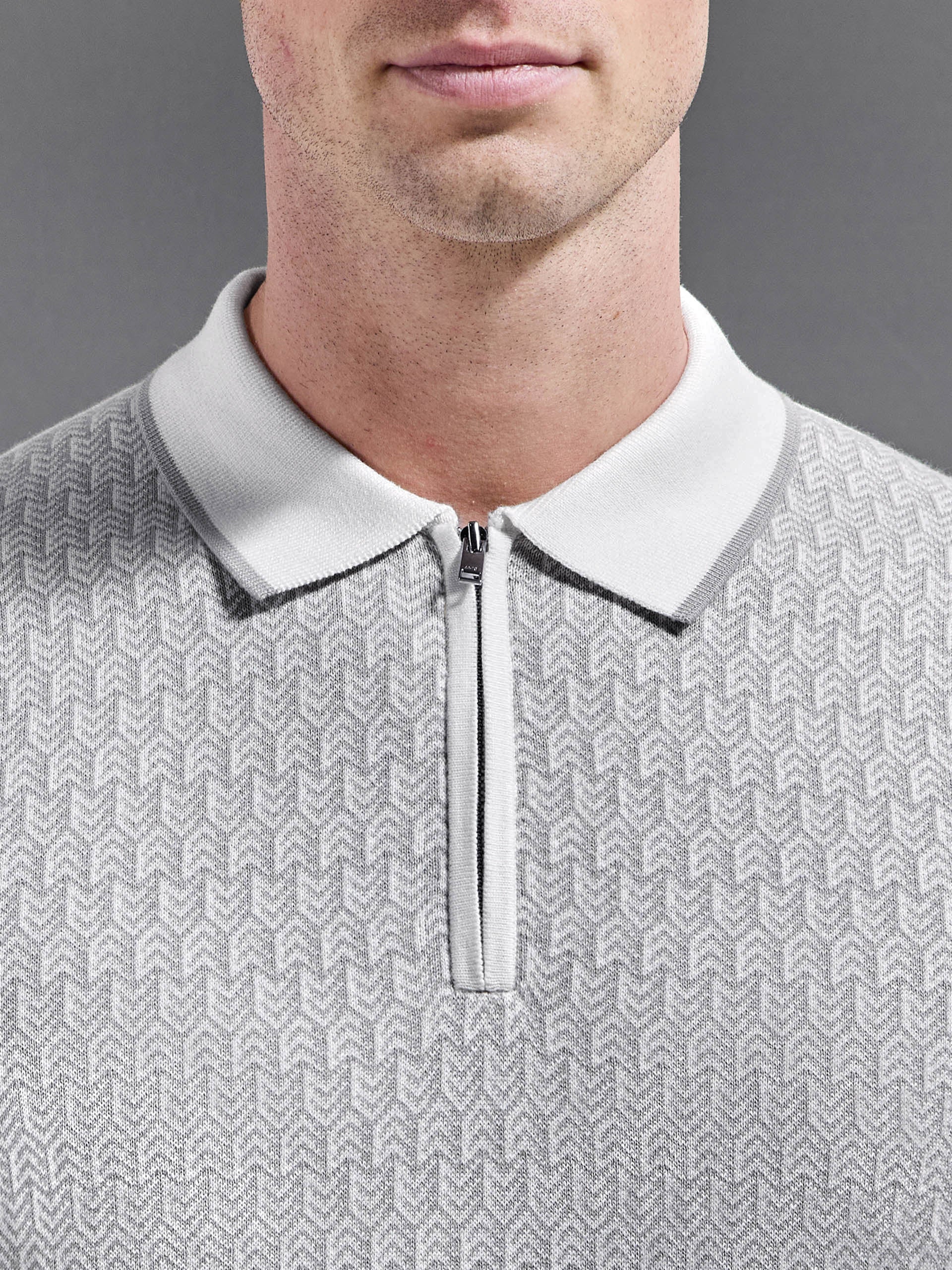Herringbone Knitted Zip Polo Shirt in White Grey - Image 3