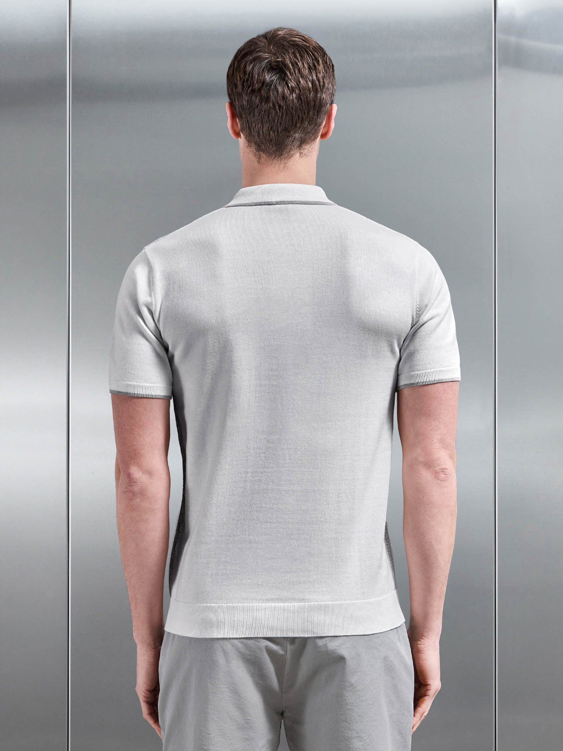 Herringbone Knitted Zip Polo Shirt in White Grey - Image 4