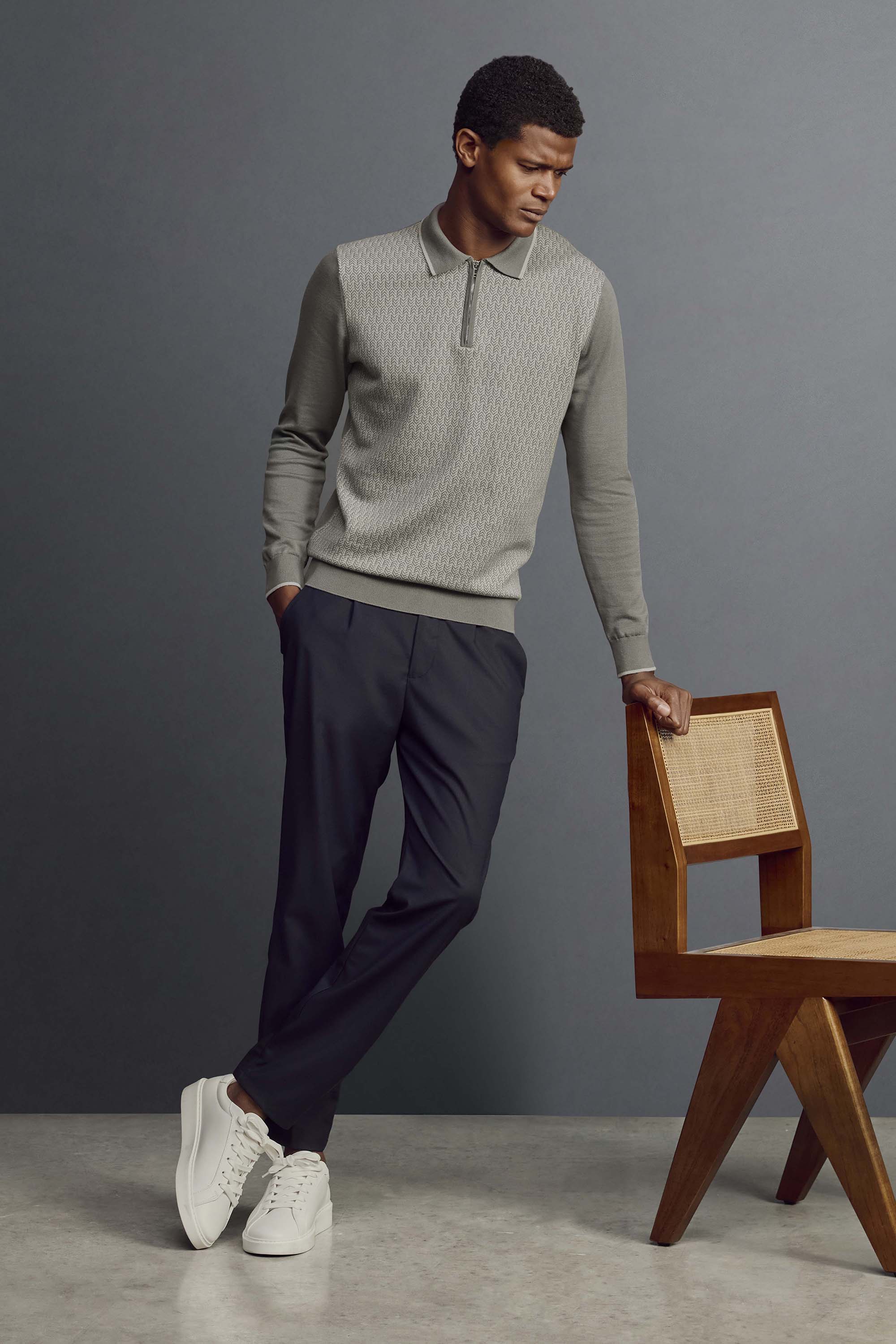 Herringbone Long Sleeve Zip Polo Shirt in Sage - Image 2