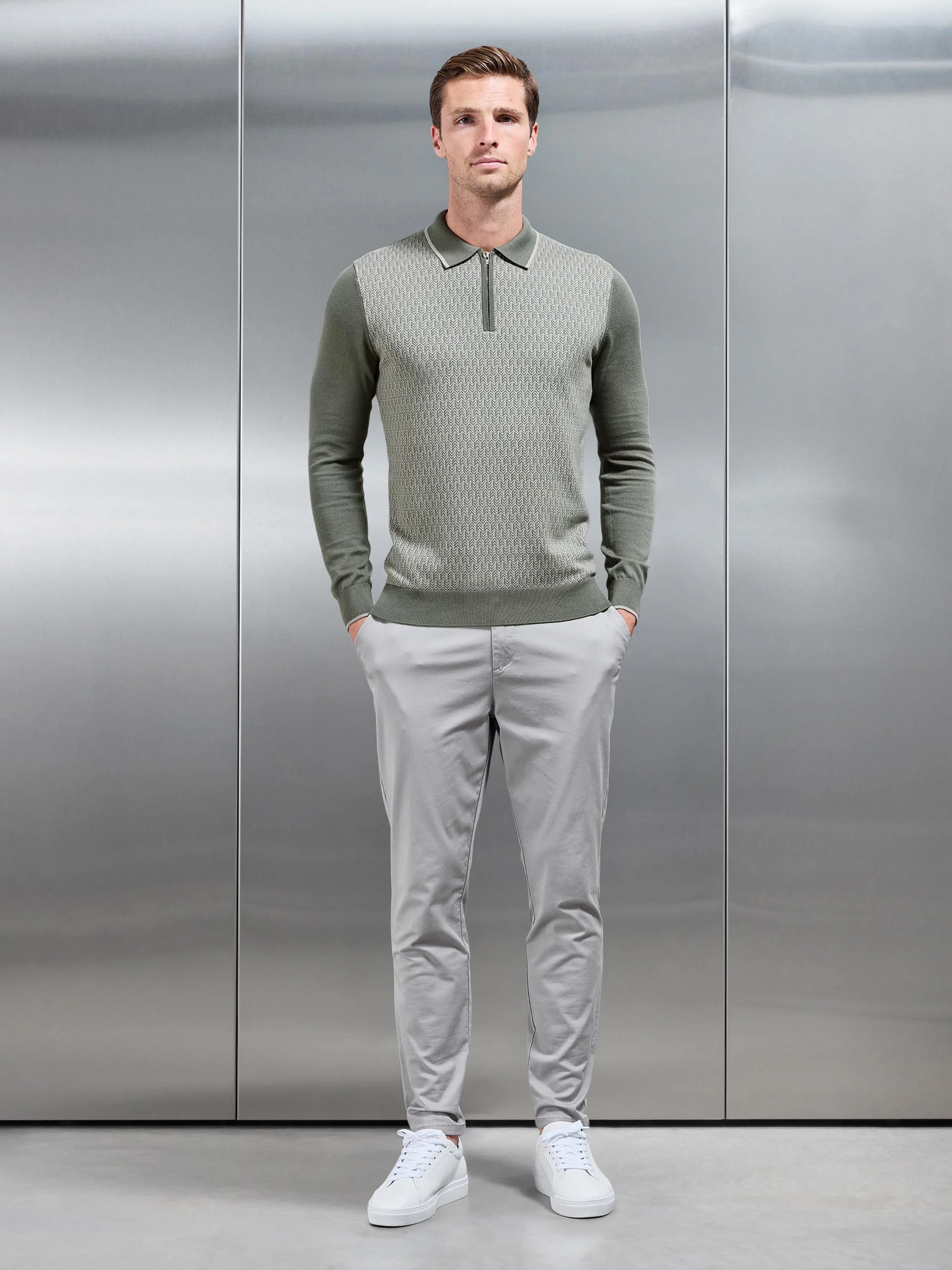 Herringbone Long Sleeve Zip Polo Shirt in Sage - Image 3