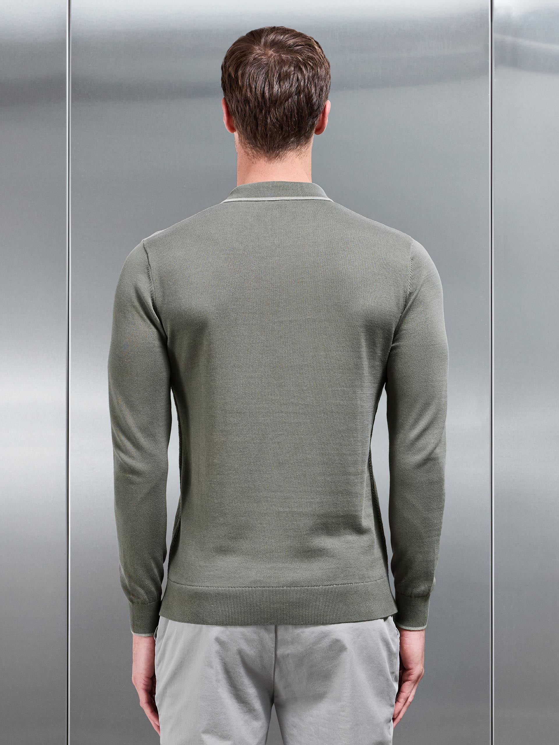 Herringbone Long Sleeve Zip Polo Shirt in Sage - Image 4