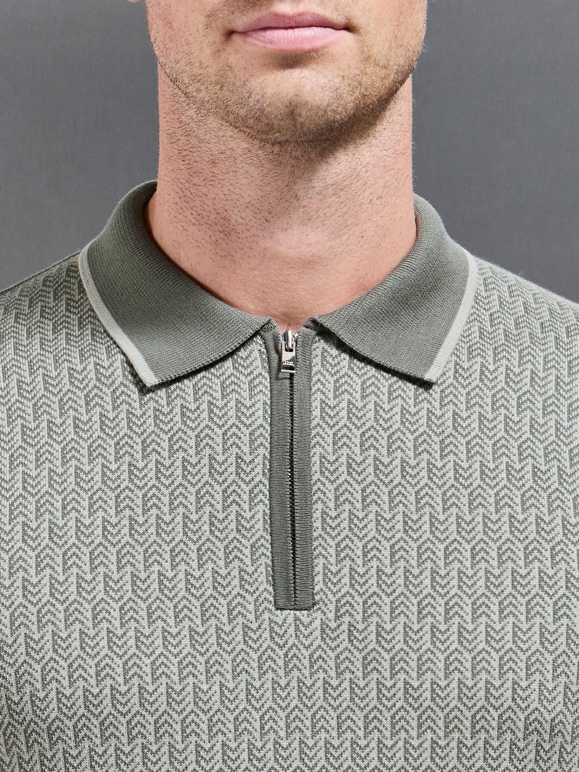 Herringbone Long Sleeve Zip Polo Shirt in Sage - Image 5