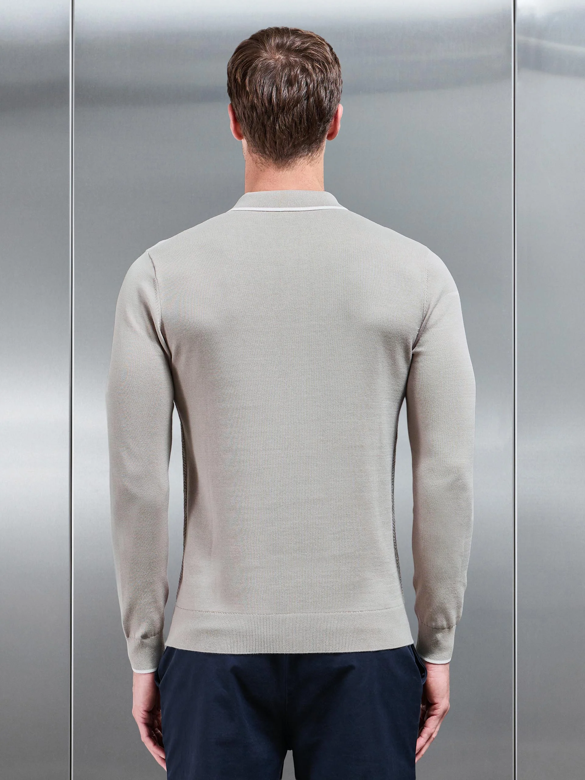 Herringbone Long Sleeve Zip Polo Shirt in Stone - Image 3