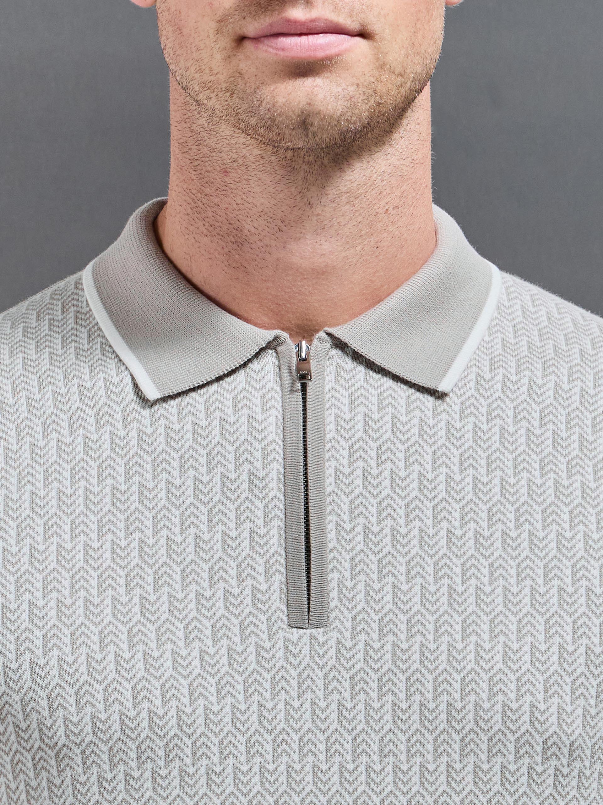 Herringbone Long Sleeve Zip Polo Shirt in Stone - Image 4