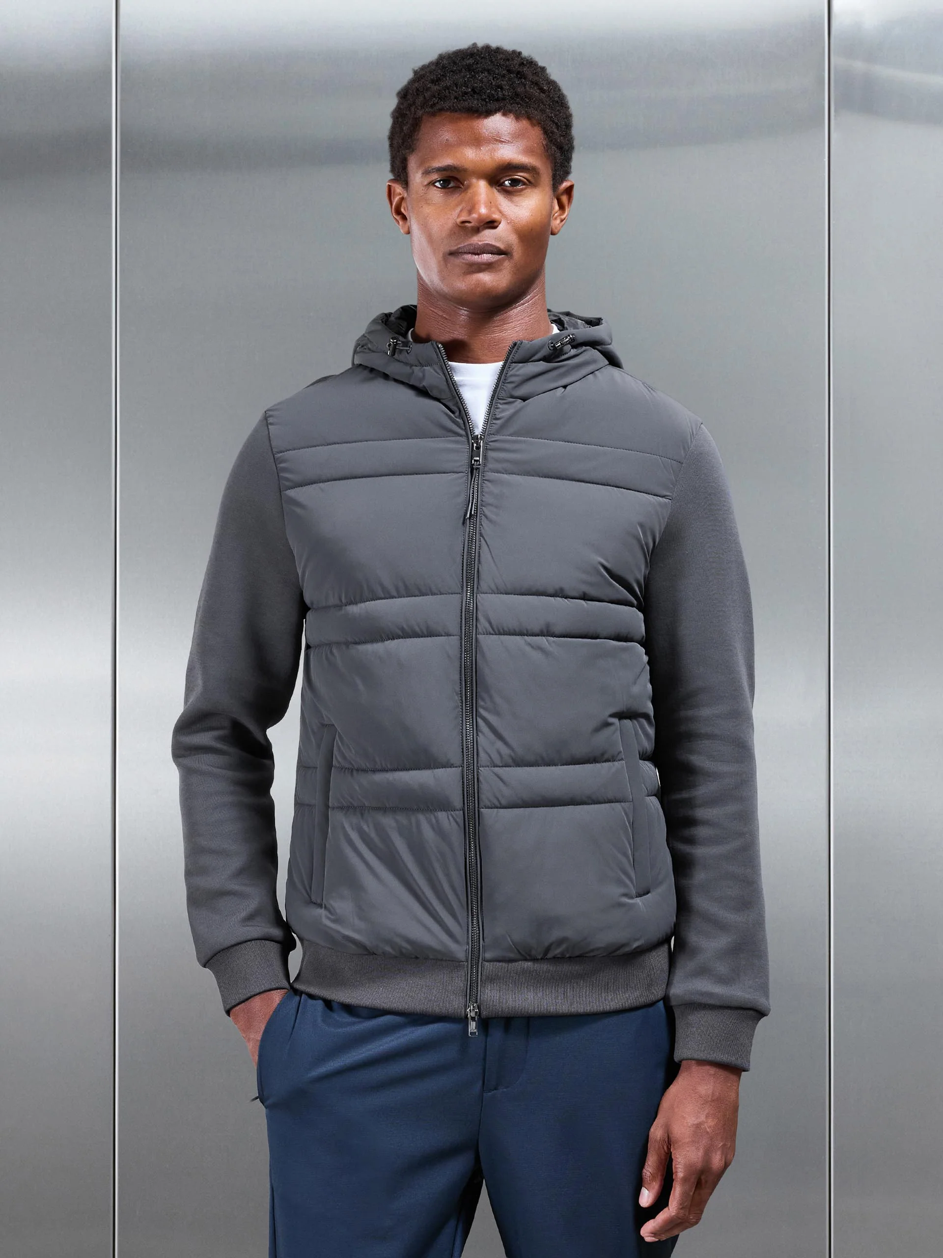 Hybrid Panel Puffer Windbreaker in Grey - Image 9