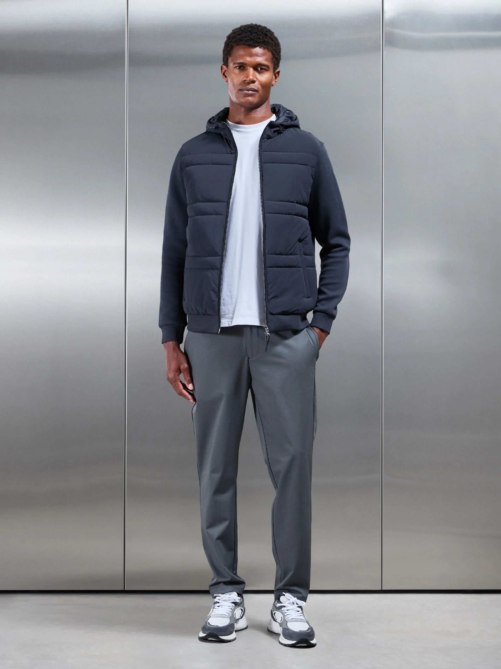 Hybrid Panel Puffer Windbreaker in Navy - Image 2