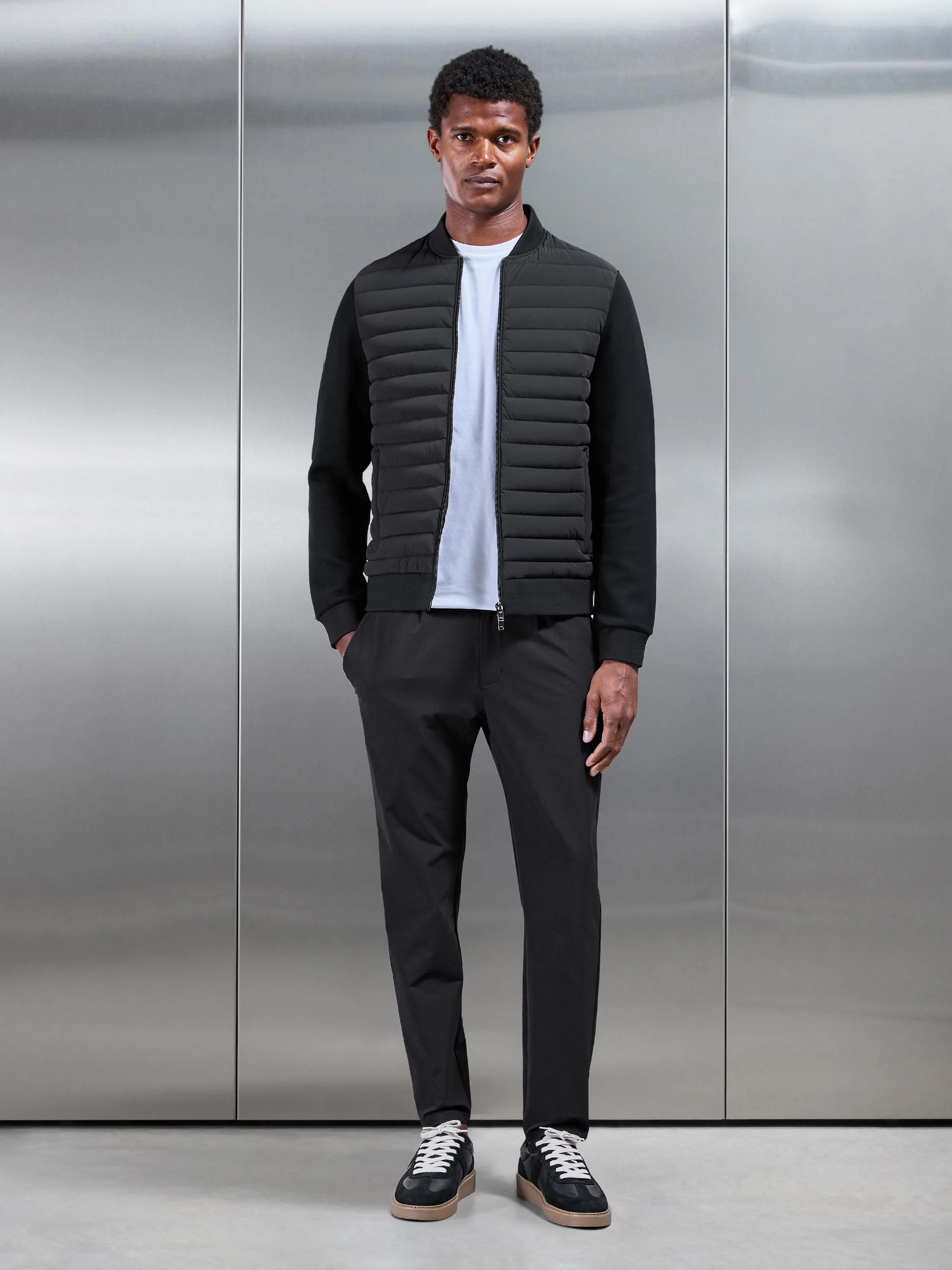 Hybrid Quilted Bomber Jacket in Black - Image 2