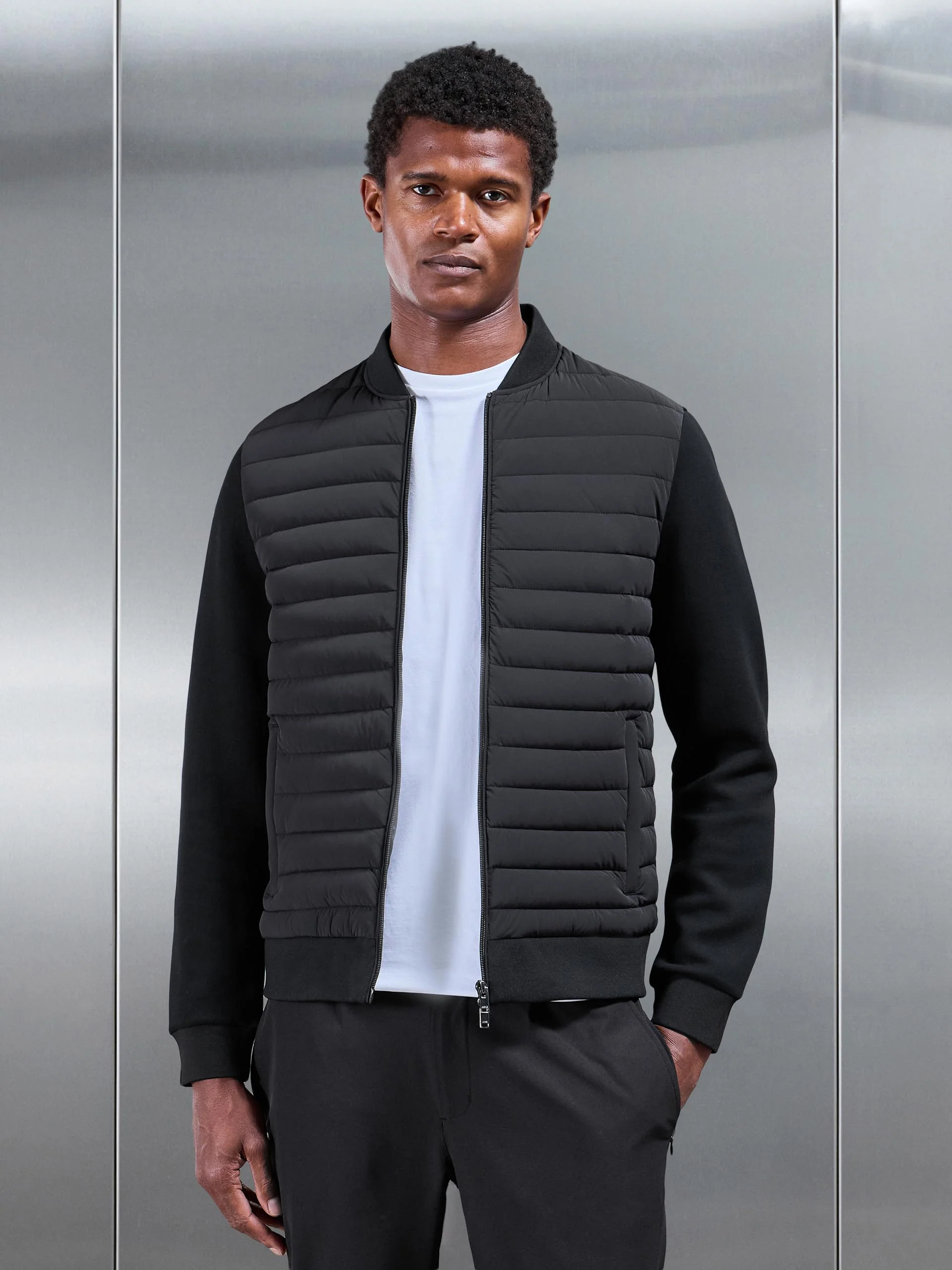 Hybrid Quilted Bomber Jacket in Black - Image 6