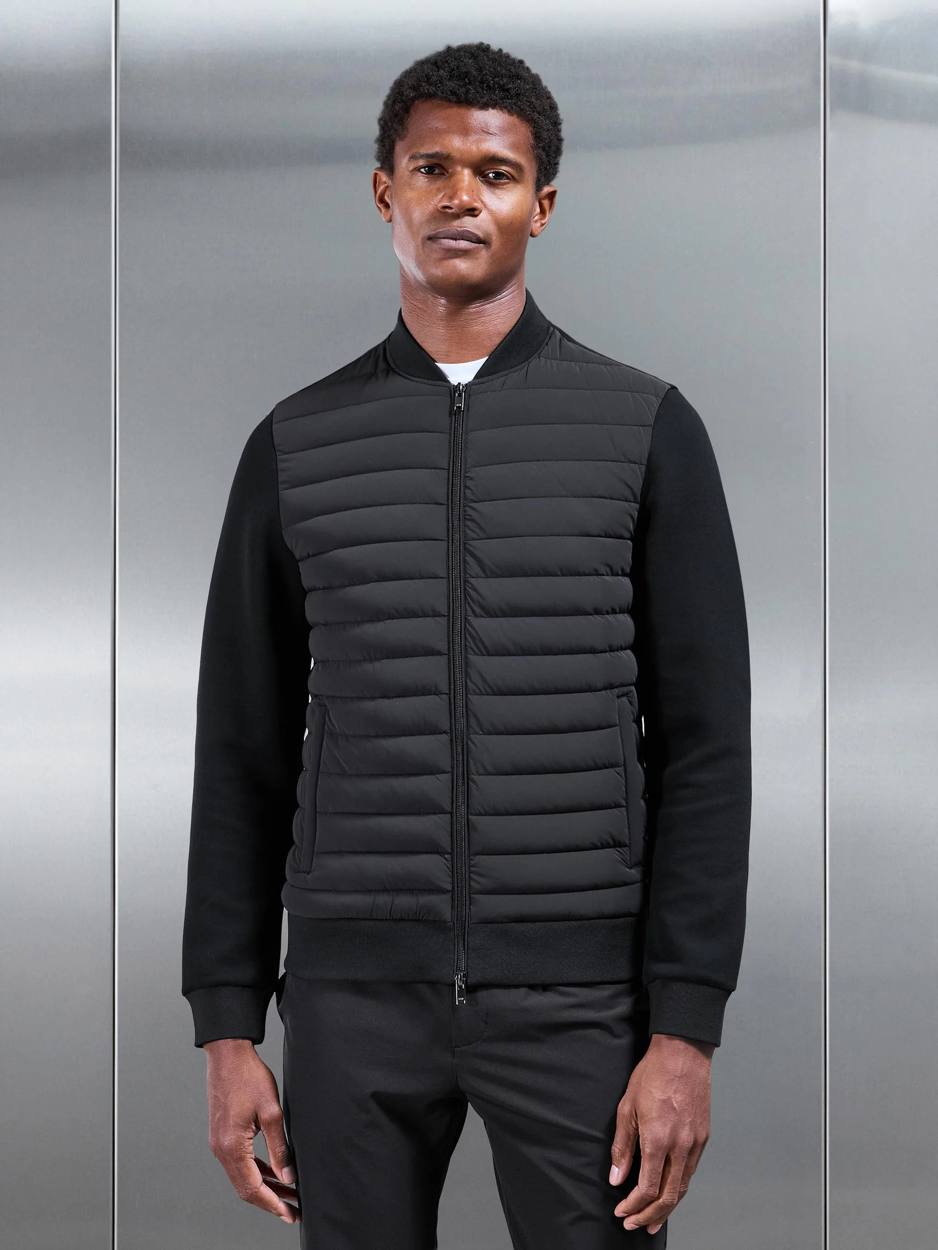 Hybrid Quilted Bomber Jacket in Black - Image 8