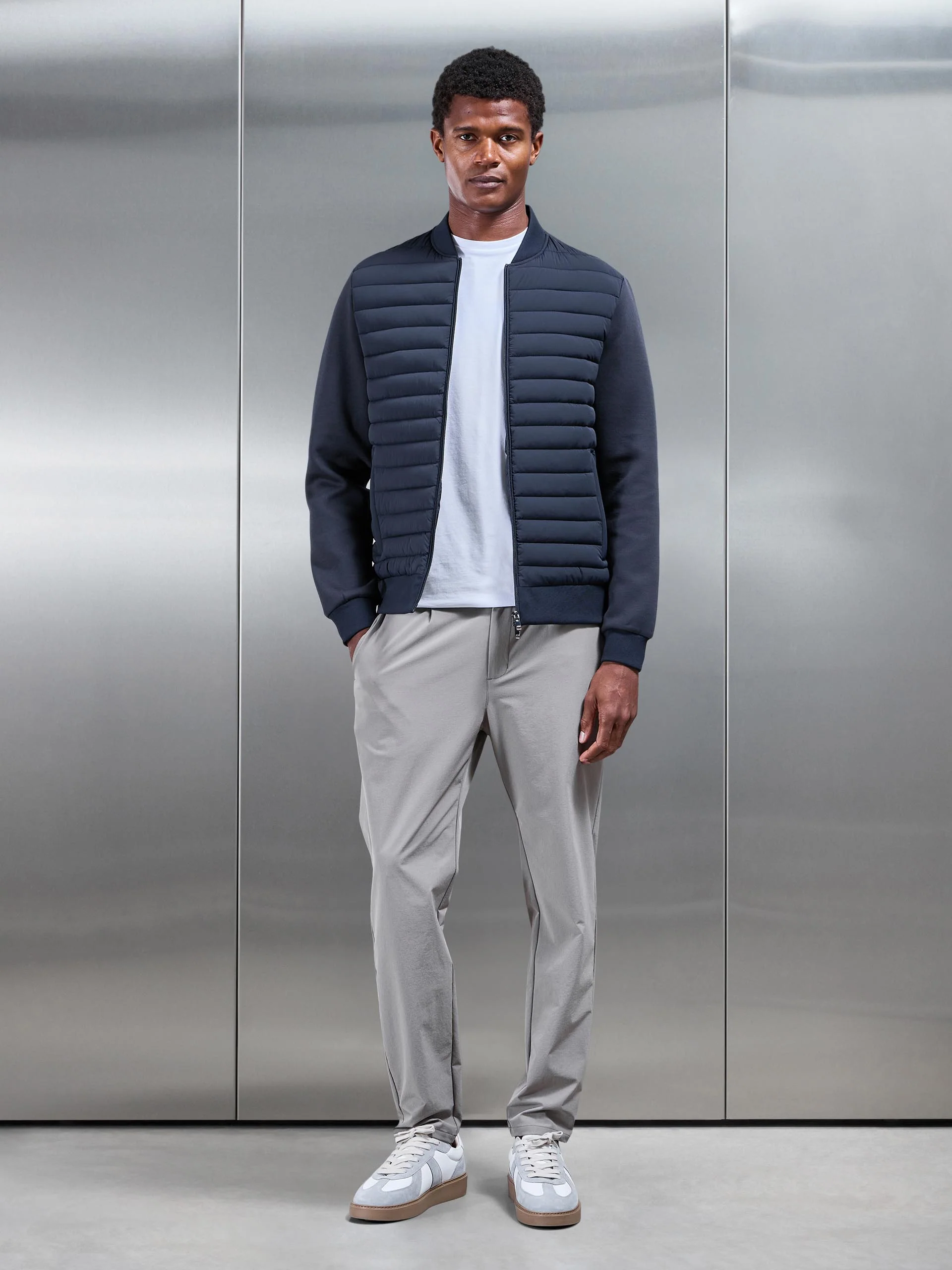 Hybrid Quilted Bomber Jacket in Navy - Image 2