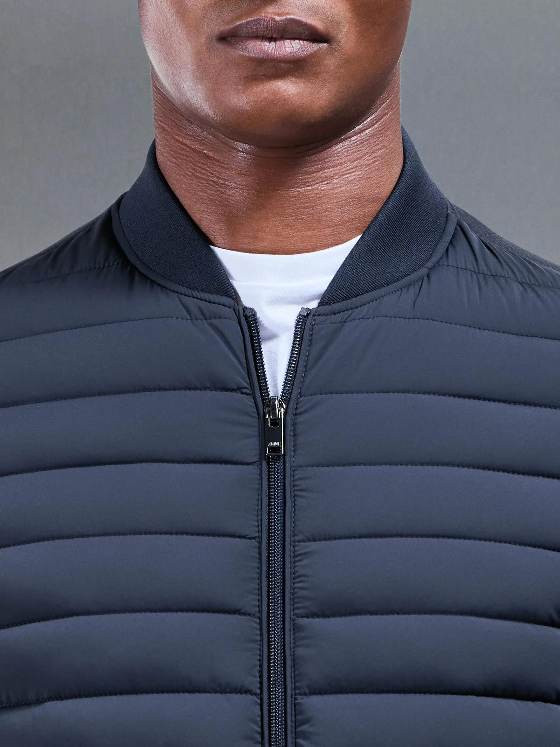 Hybrid Quilted Bomber Jacket in Navy - Image 4